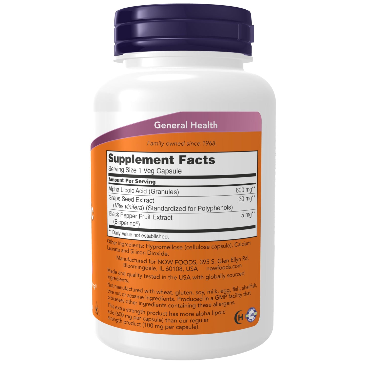 NOW Foods Alpha Lipoic Acid 600 mg with Grape Seed Extract & Bioperine, Extra Strength, 240 Veg Capsules