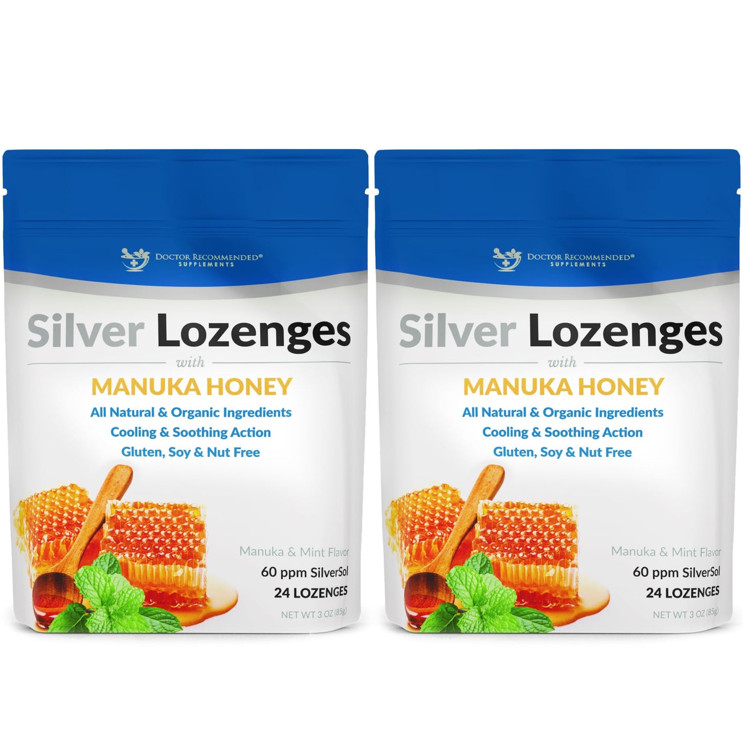 DOCTOR RECOMMENDED SUPPLEMENTS Silver Lozenges with Organic Manuka Honey and Vitamin C, All-Natural Nano Silver 45-50mcg of 60 PPM Colloidal Silver Mineral Drops to Support Immune System, Soothe, Cool Cough & Throat, Lozenges, 48
