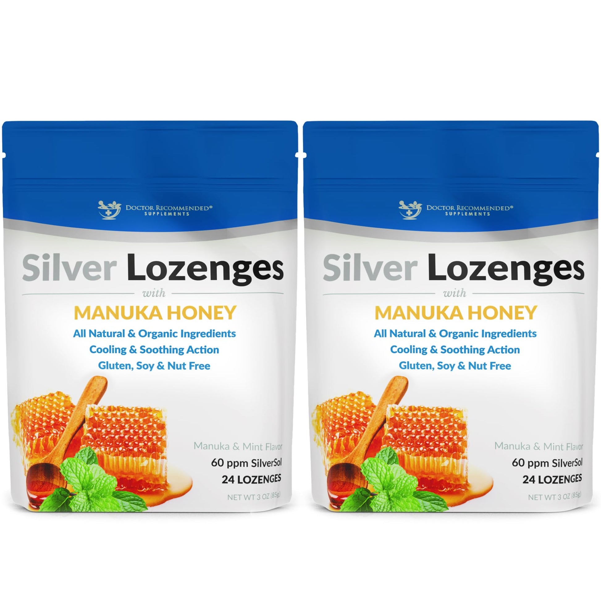 DOCTOR RECOMMENDED SUPPLEMENTS Silver Lozenges with Organic Manuka Honey and Vitamin C, All-Natural Nano Silver 45-50mcg of 60 PPM Colloidal Silver Mineral Drops to Support Immune System, Soothe, Cool Cough & Throat, Lozenges, 48