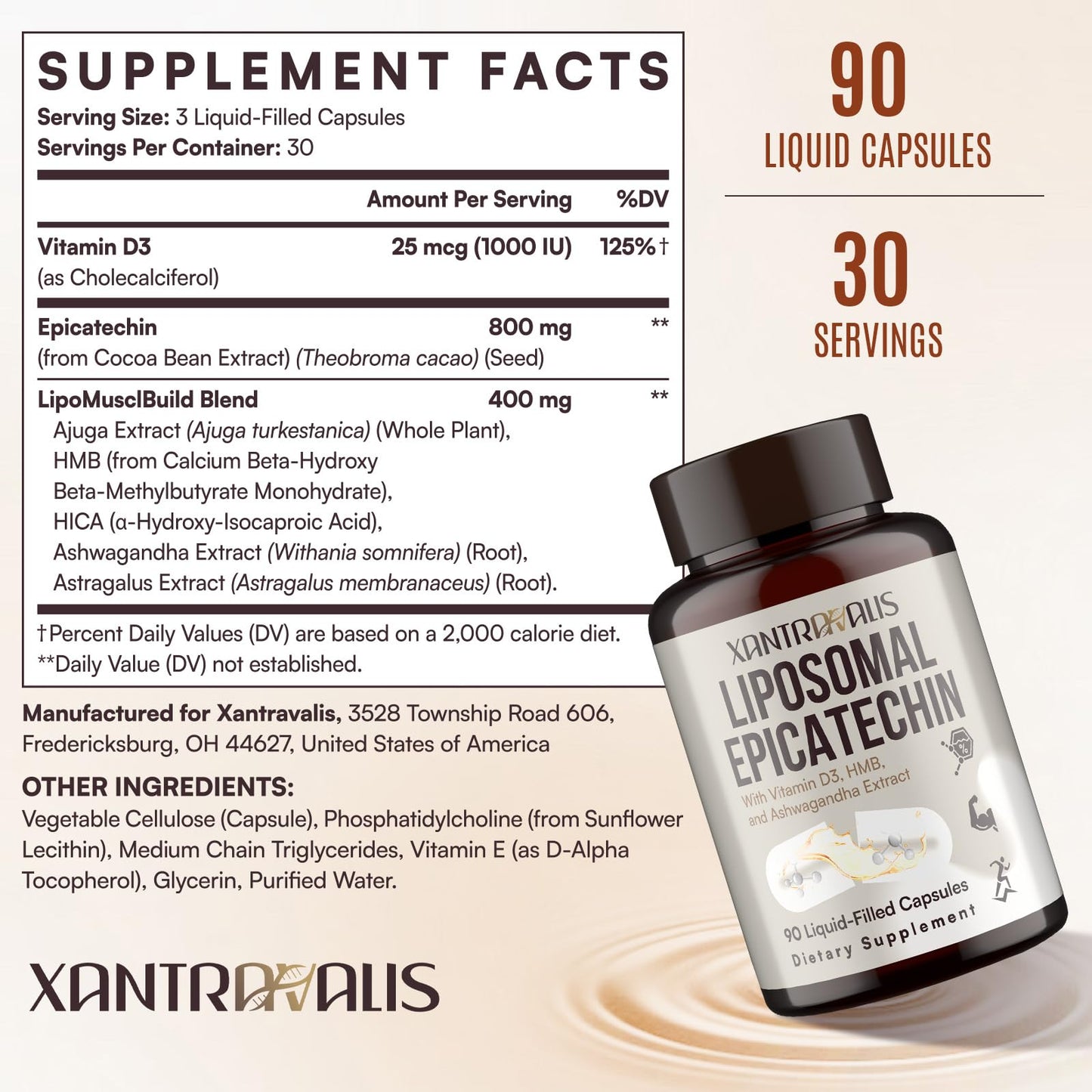 Xantravalis Liposomal Epicatechin Supplement 1200mg - Advanced Formula with Vitamin D3, HMB & Ashwagandha, 90 Capsules
