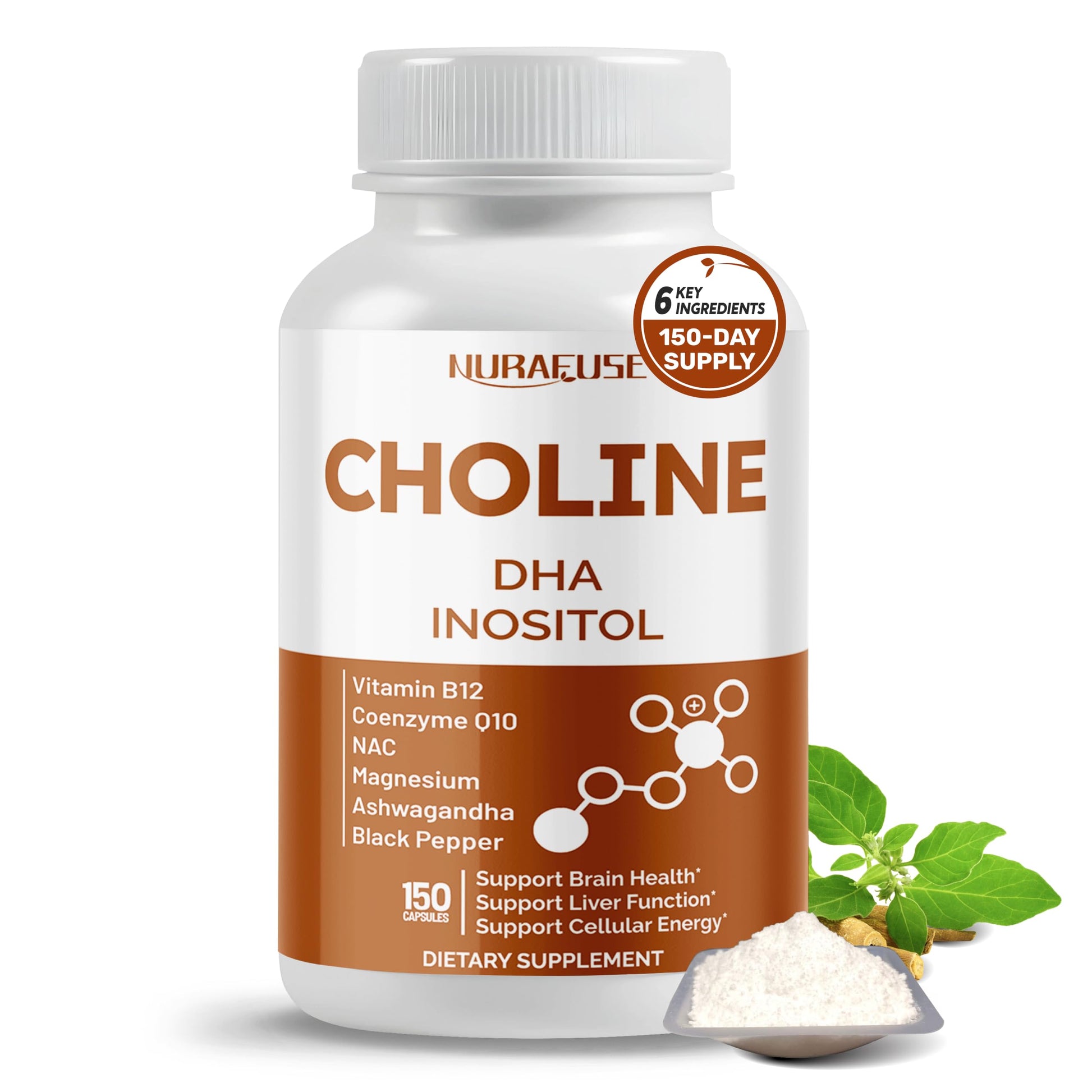 NURAFUSE Choline with DHA, Inositol, Vitamin B12, CoQ10, NAC, Magnesium, Ashwagandha Capsules 150