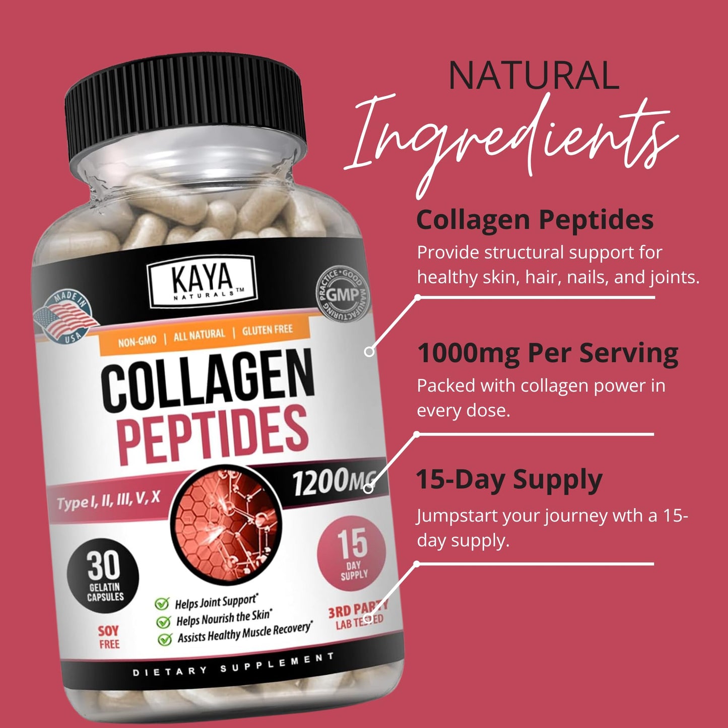 Kaya Naturals Multi Collagen Peptides Complex Capsules, 30 Count