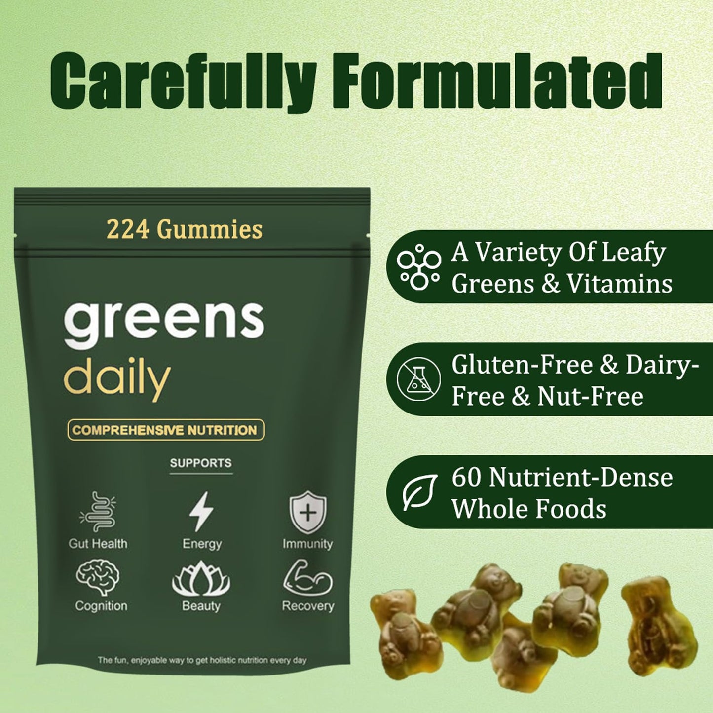 Oviaapo Greens Gummies - Organic Chlorella & Spirulina for Digestive & Gut Health, 224 Gummies