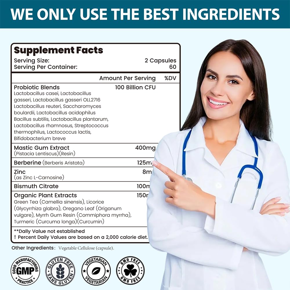 SELCAVENTRA H. Pylori Capsules with 100 Billion CFU, Mastic Gum, Berberine, Lactobacillus Reuteri, Zinc Carnosine & Green Tea, 120 Capsules