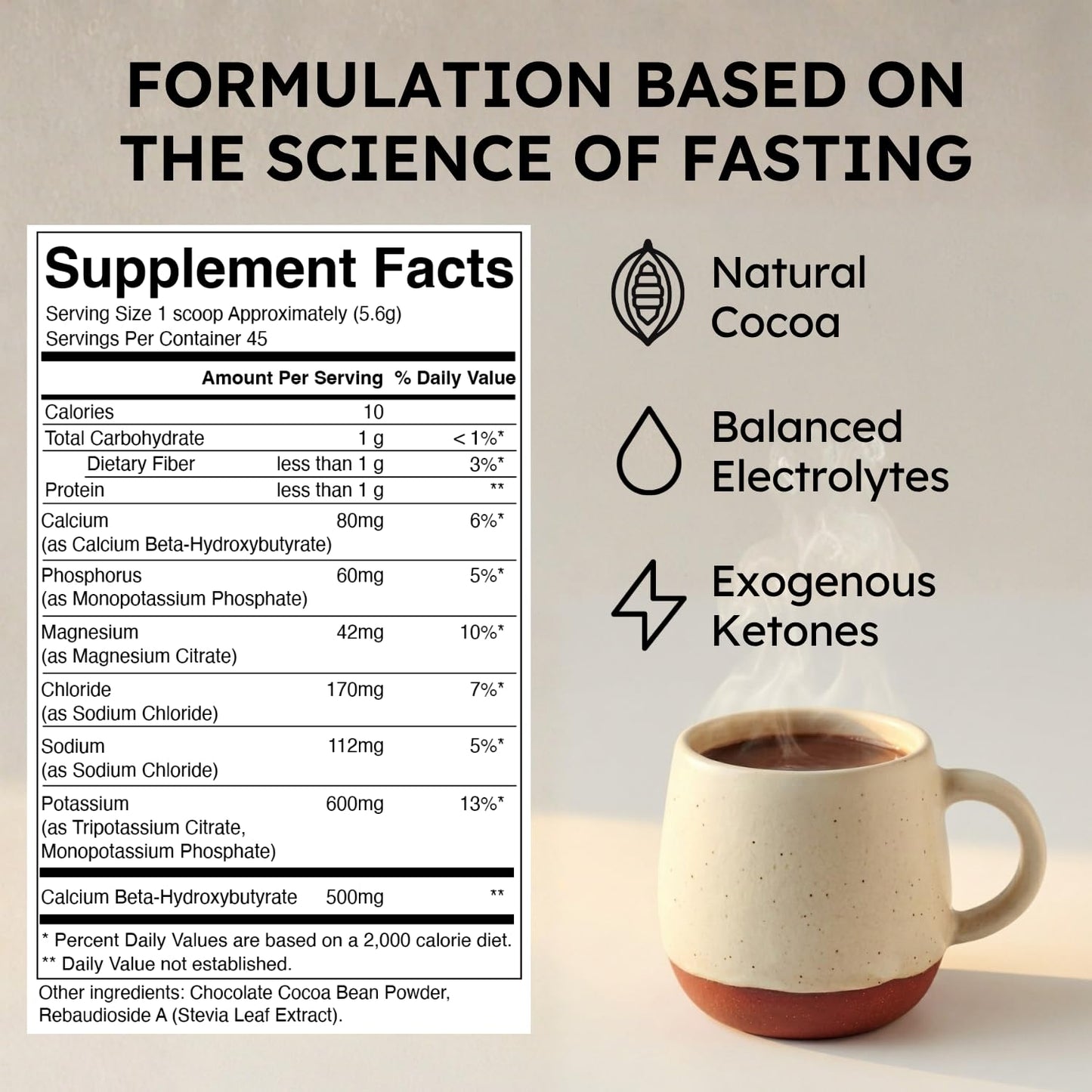 FSTN Chocolate Electrolytes Fasting Supplement – Crave Killer, Hydration & Energy – Zero-Sugar, Plus Ketones & Organic Cocoa Powder, 8.95 Ounce