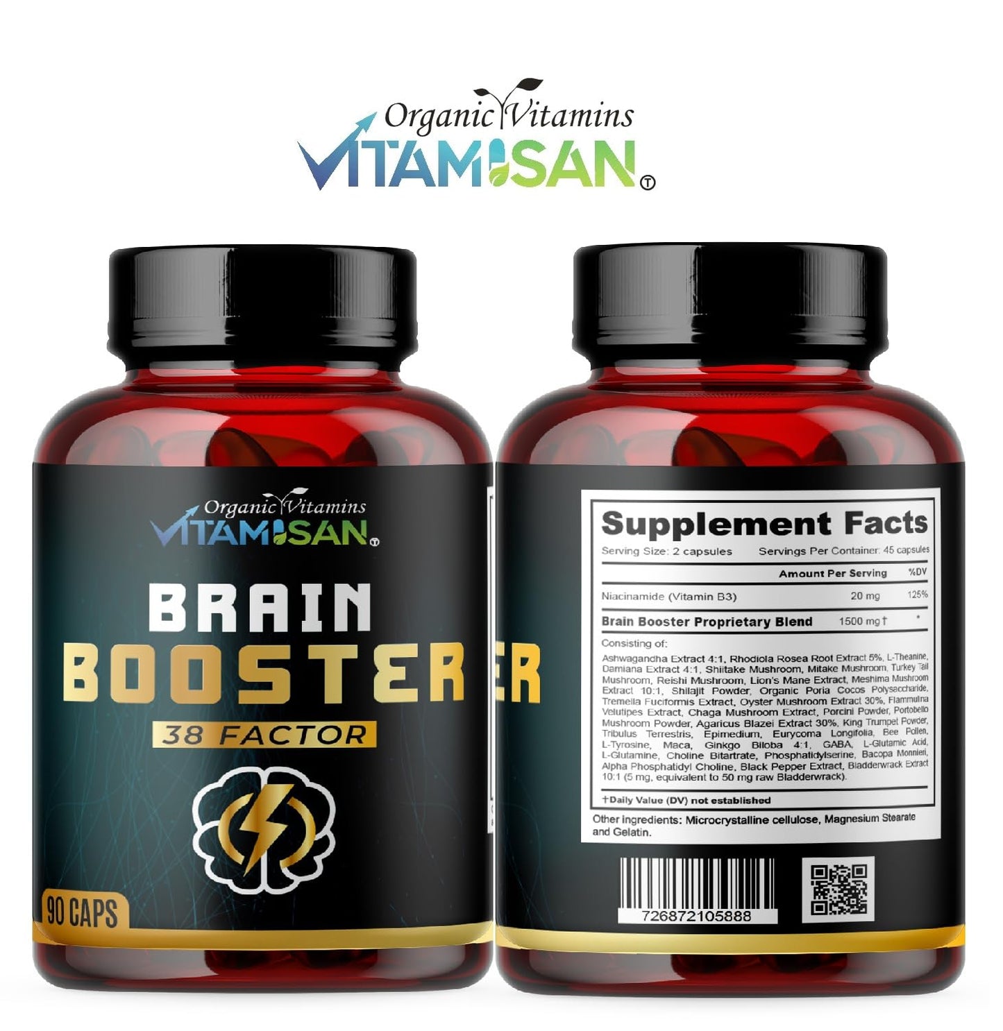 VITAMISAN Herbal Mushroom Supplement for Brain Health Brain Booster Capsules, 90