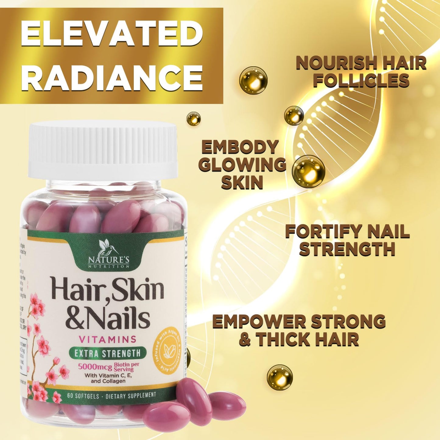 Nature's Nutrition Biotin 5000mcg Hair, Skin & Nails Softgels 60 Count
