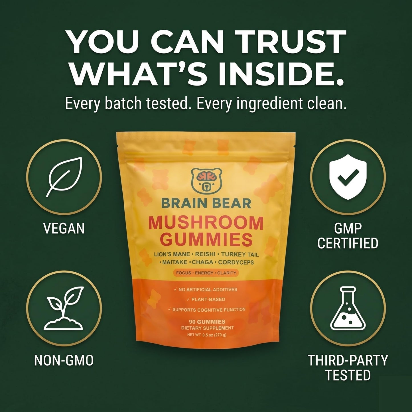 Brain Bear LLC Mushroom Gummies Lion’s Mane, Reishi, Cordyceps, Chaga, Maitake Gummy 90 Count