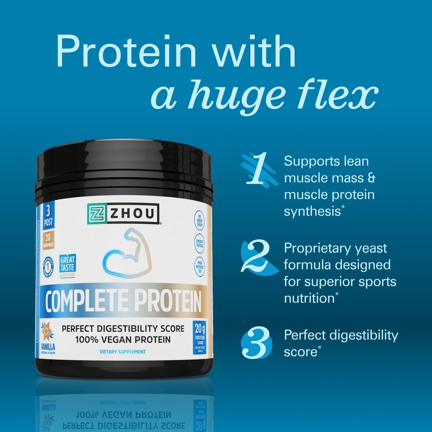 Zhou Complete Protein - Advanced Vegan Protein Powder, 20 Servings, 19.9 oz