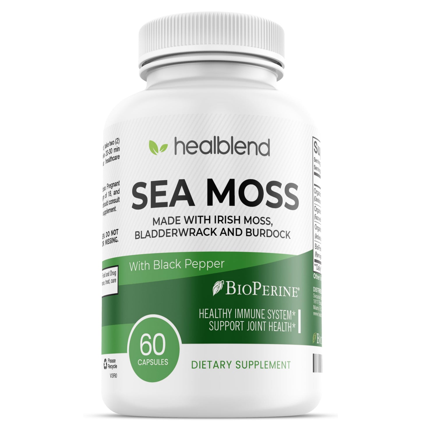 Healblend Organic Sea Moss, Bladderwrack, Burdock, & BioPerine - 1405mg with Black Pepper - Natural Wellness and Detox Support Supplement, 60 Capsules