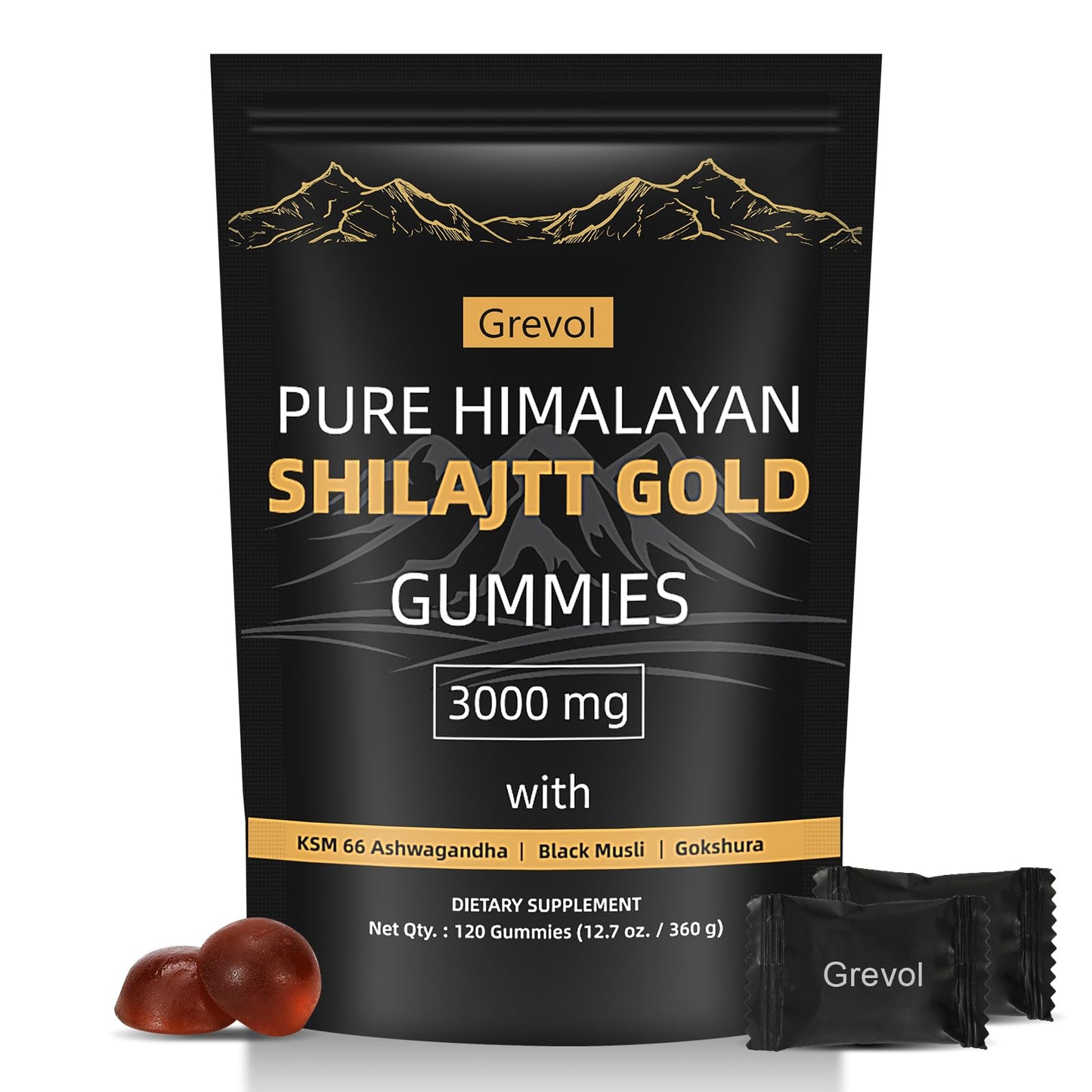 Grevol Himalayan Shilajit Gummies with Ashwagandha Fulvic Acid & 85+ Trace Minerals, No Added Sugar, Individually Wrapped, 120 Gummies