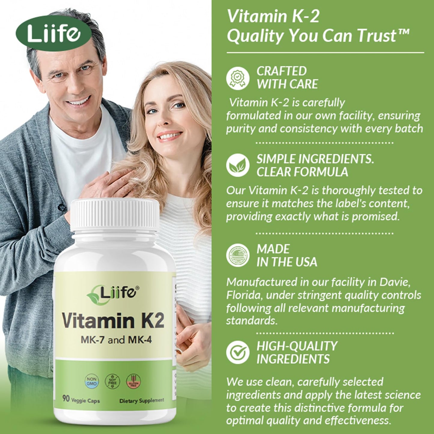 LIIFE Vitamin K2 600mcg Supplement with MK-7 100mcg & MK-4 500mcg, 90 Capsules