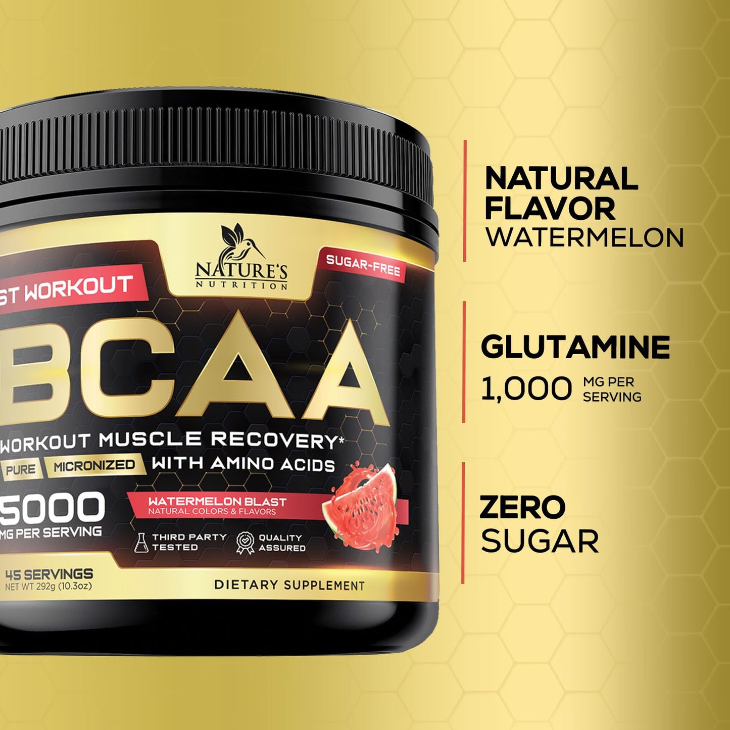 Nature's Nutrition BCAA Powder with L-Glutamine & Amino Acids, Watermelon, 10.3 Ounce