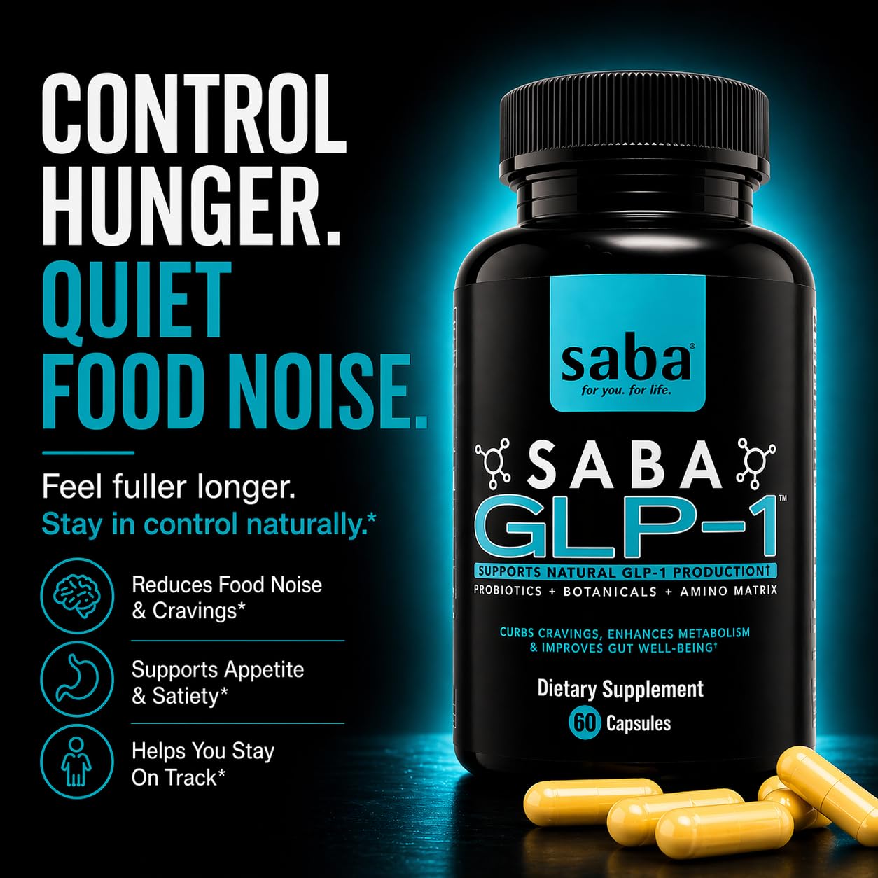 Saba GLP-1™ Support Supplement – Natural Appetite Control & Cravings Support with Akkermansia Probiotic + Berberine Synbiotic | Gut Health & Metabolism Support | Non-Stimulant Capsule 60 Count