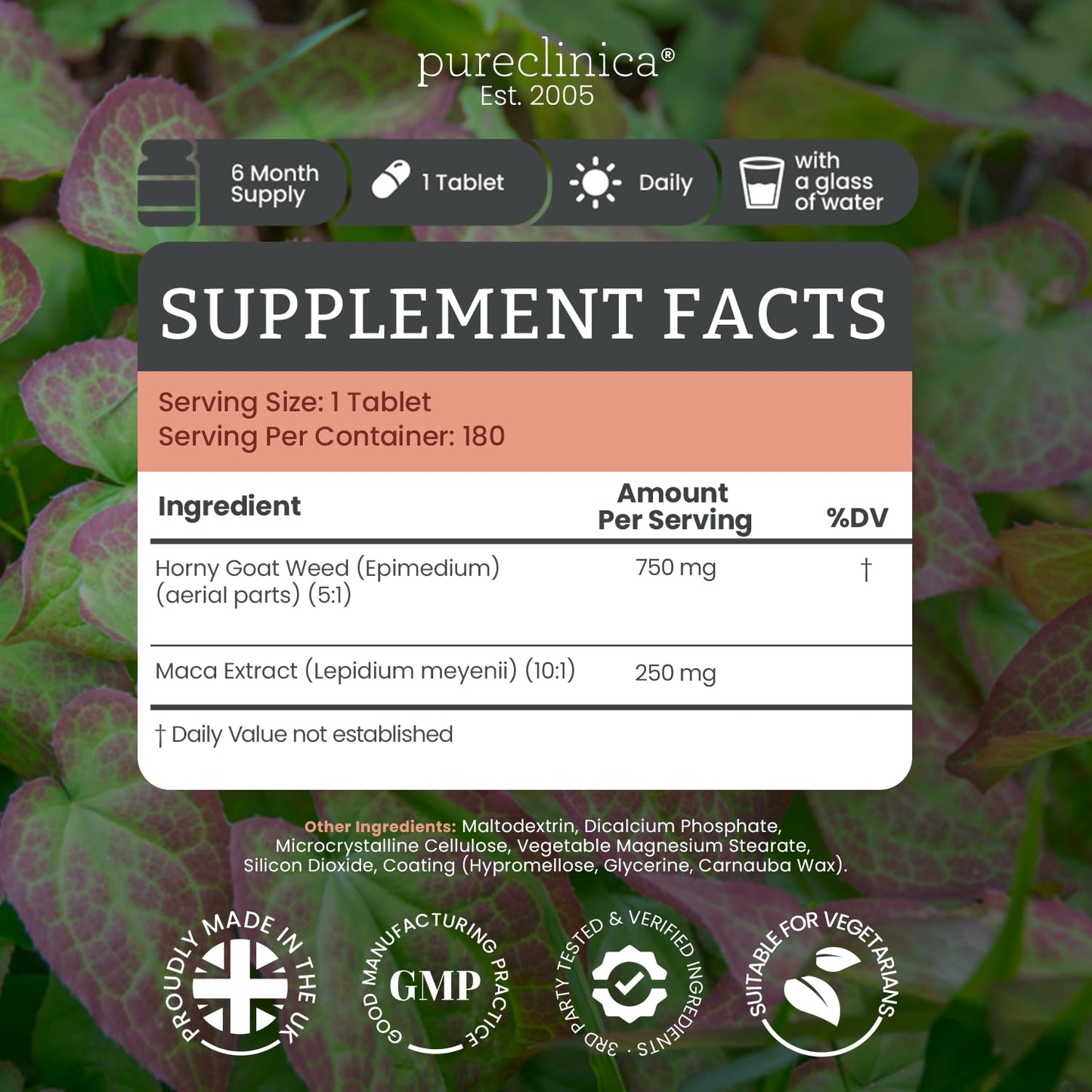 PureClinica Horny Goat Weed & Maca Extract – 750mg (5:1) & 250mg (10:1) per Tablet, 1080 Tablets
