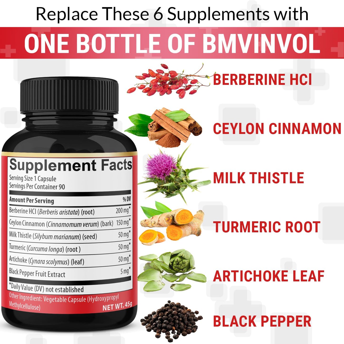 BMVINVOL Berberine, Ceylon Cinnamon, Turmeric, Milk Thistle, Artichoke, Black Pepper Capsules 90