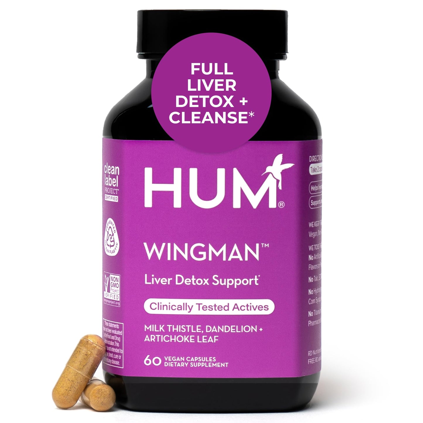 HUM Wing Man Liver Support Supplement Milk Thistle Dandelion Root Capsule, 60 Capsules