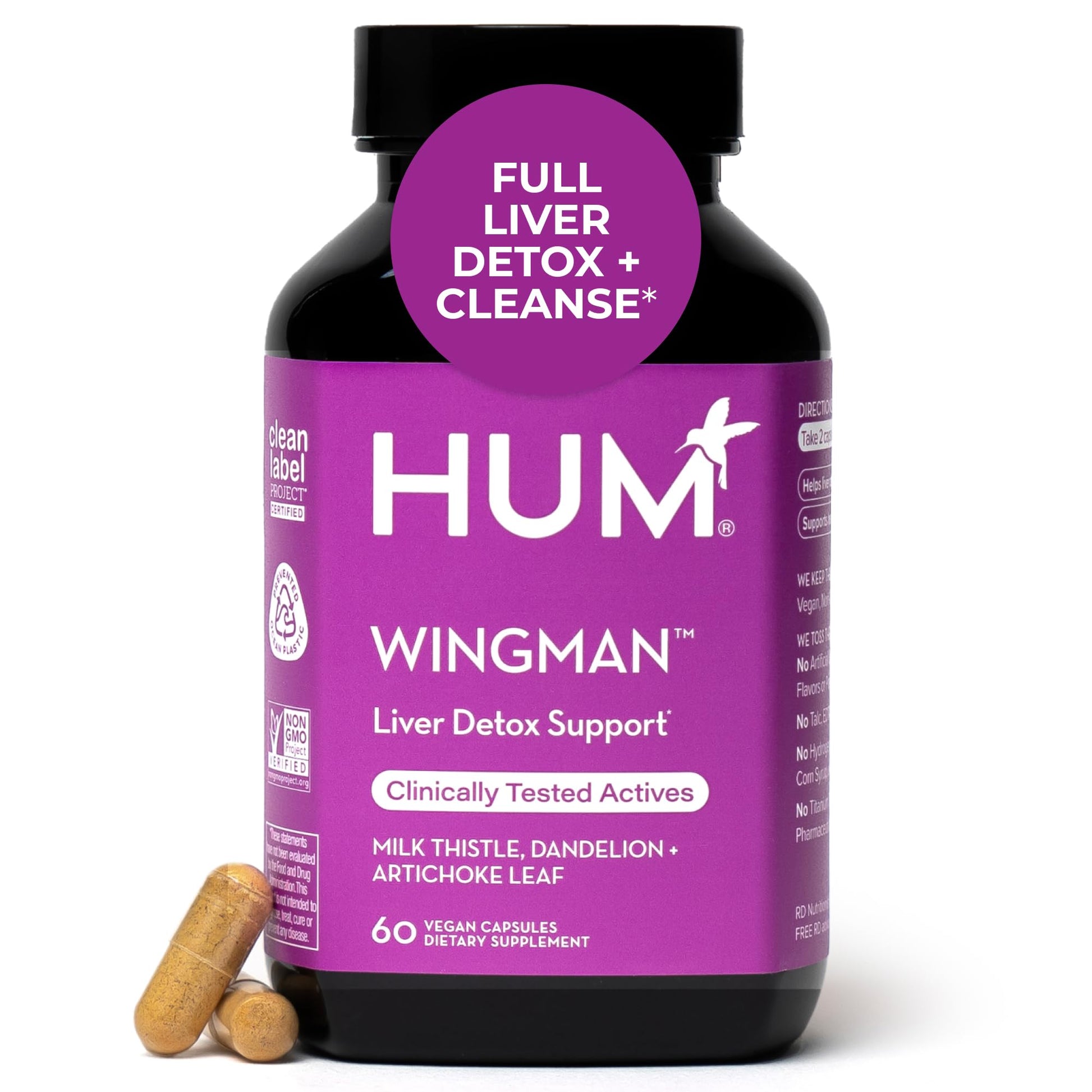 HUM Wing Man Liver Support Supplement Milk Thistle Dandelion Root Capsule, 60 Capsules