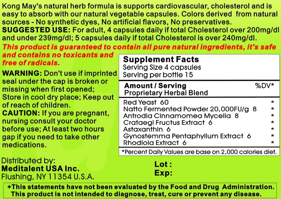 Meditalent Kong May Herbal Supplement with Red Yeast Rice, Natto Fermented Powder, Antrodia Mushrooms Capsules, 60 Count
