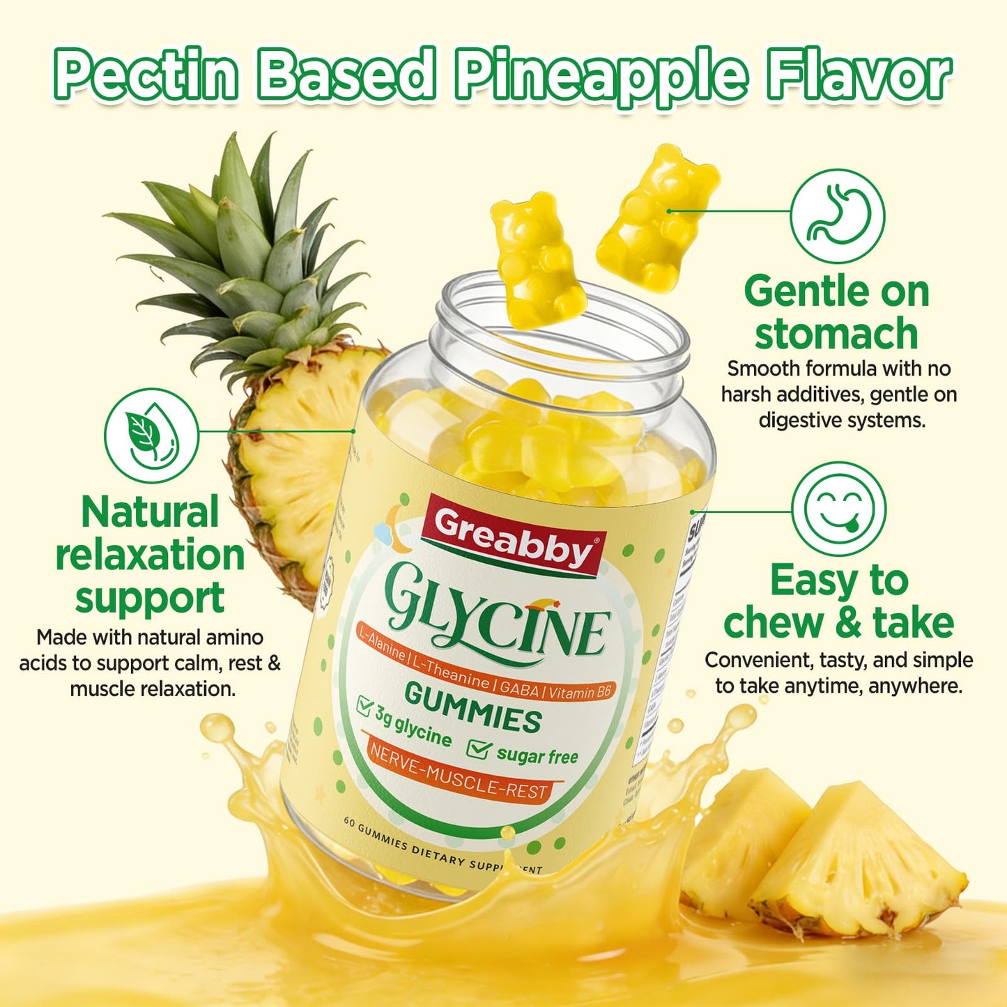 GREABBY Glycine 3g Gummies with L-Alanine 1000 mg, L-Theanine, GABA, Vitamin B6, Sleep Support, Muscle Relaxation, High Absorption Glycine Supplements for Adults, Sugar Free Pineapple Flavor, 60 Gummies