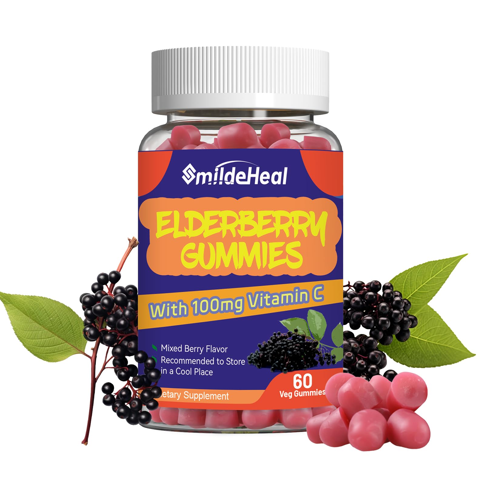 SmildeHeal Elderberry Gummies with Vitamin C and Zinc, 60 Gummies