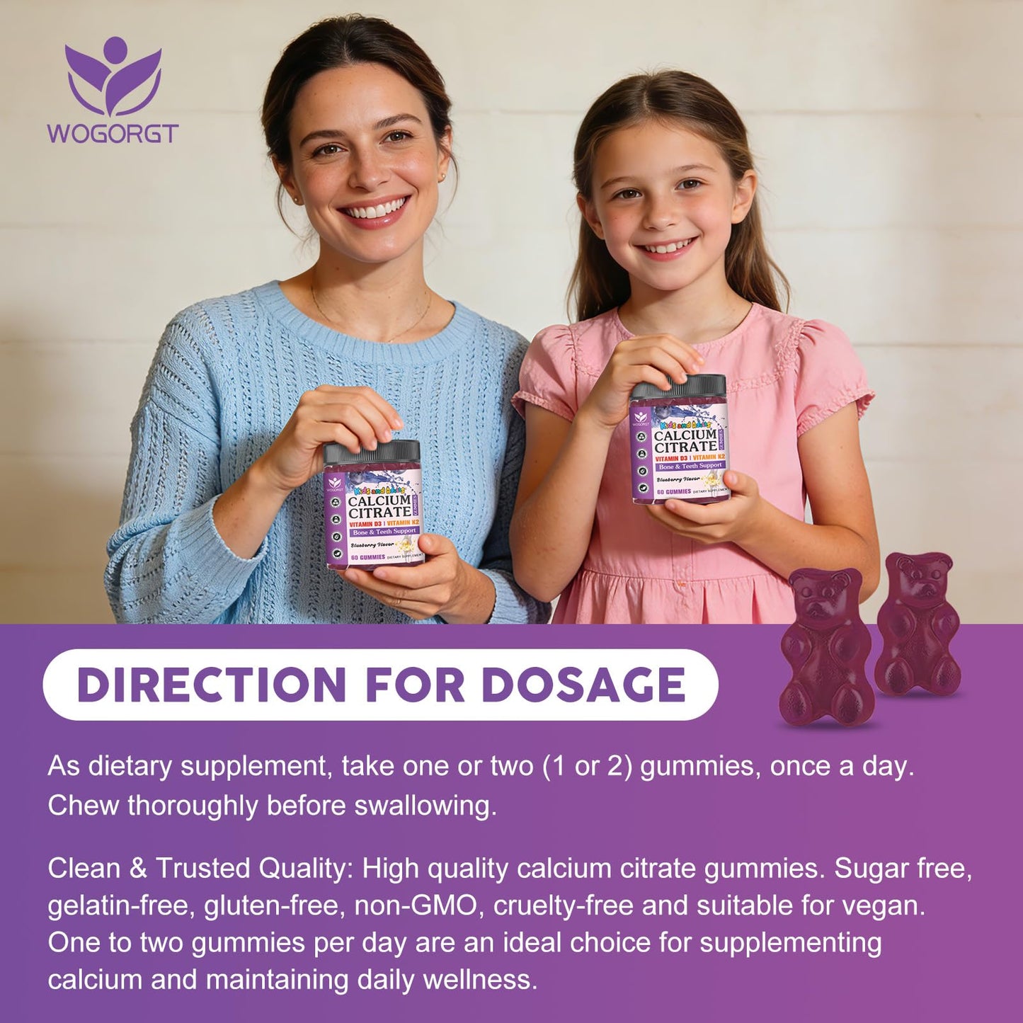WOGORGT Calcium Citrate Gummies with Vitamin D3 for Kids, 120 Gummies