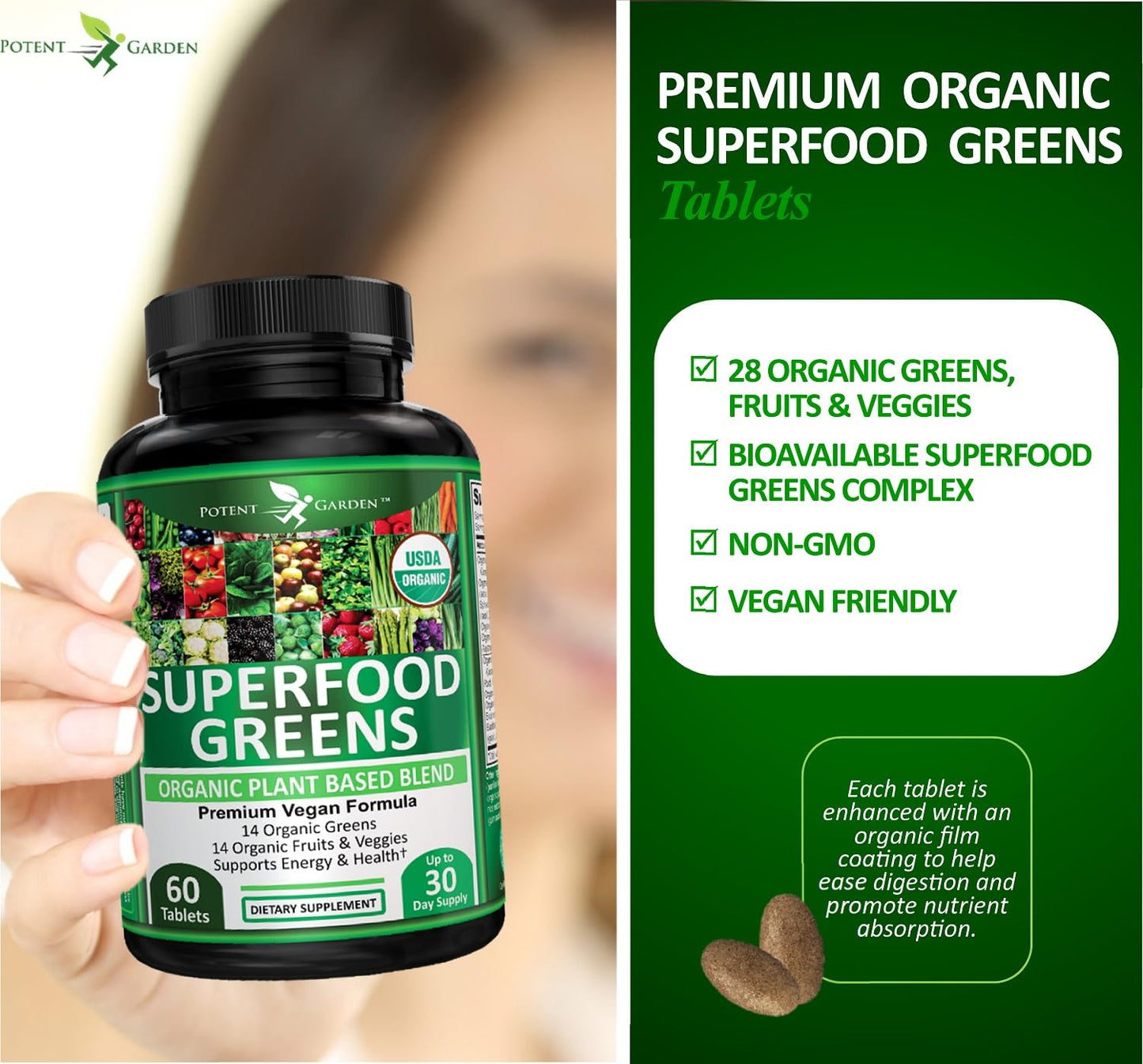 Potent Garden Organic Superfood Greens, Fruit and Veggie Supplement Tablets, 120