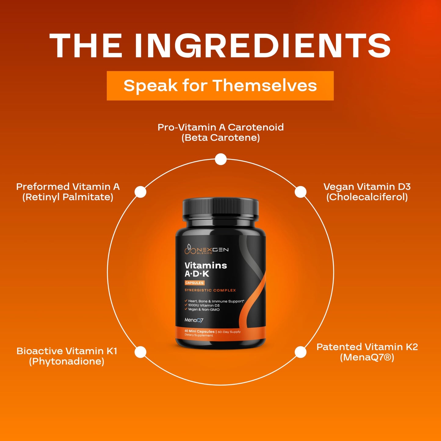 NEXGEN BLENDS High Absorption ADK Vitamin Supplement D3 K2 MK7 & A, Vegan, 60 Capsules