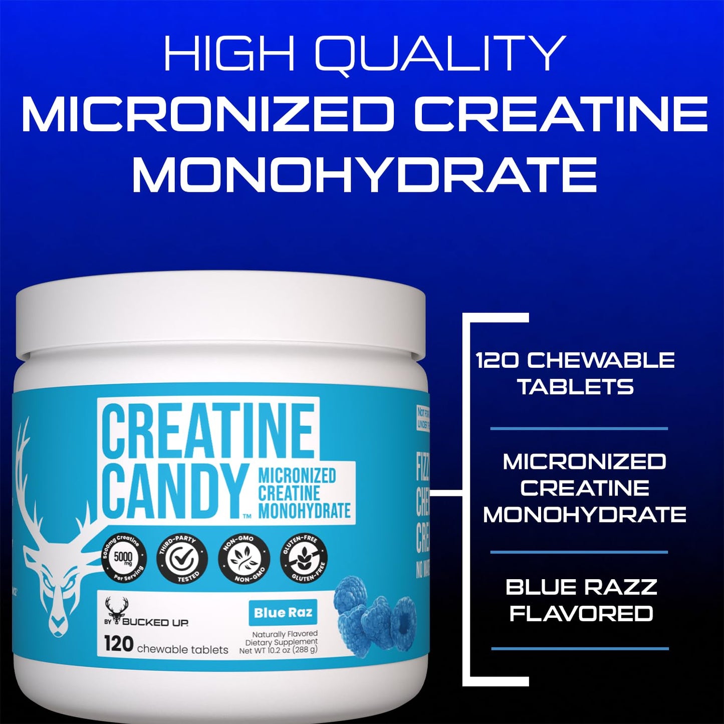 Bucked Up Creatine Candy Blue Raz Tablets, 24 Count