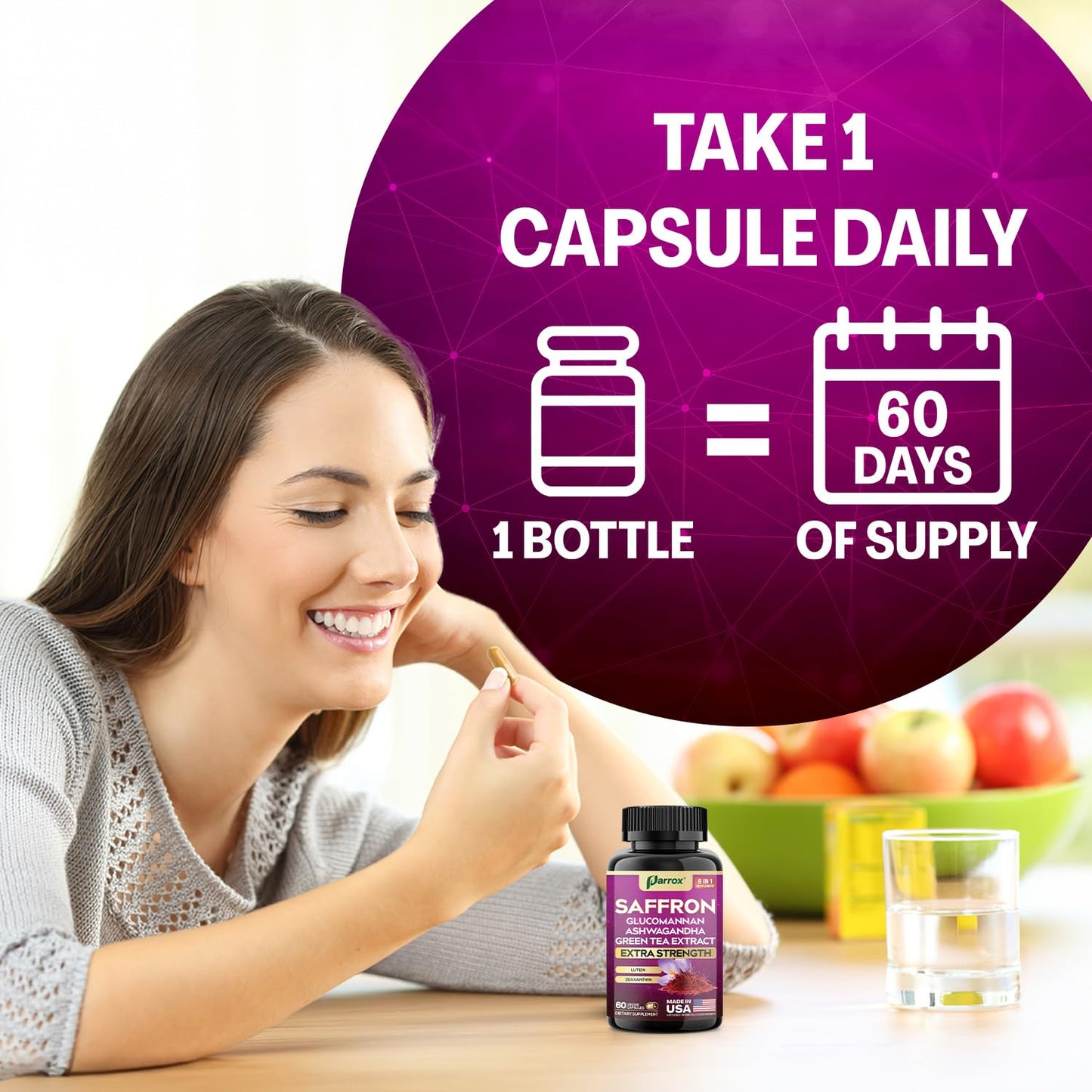 Parrox Saffron Supplement Vision & Wellness Support Glucomannan Capsule 60 Count