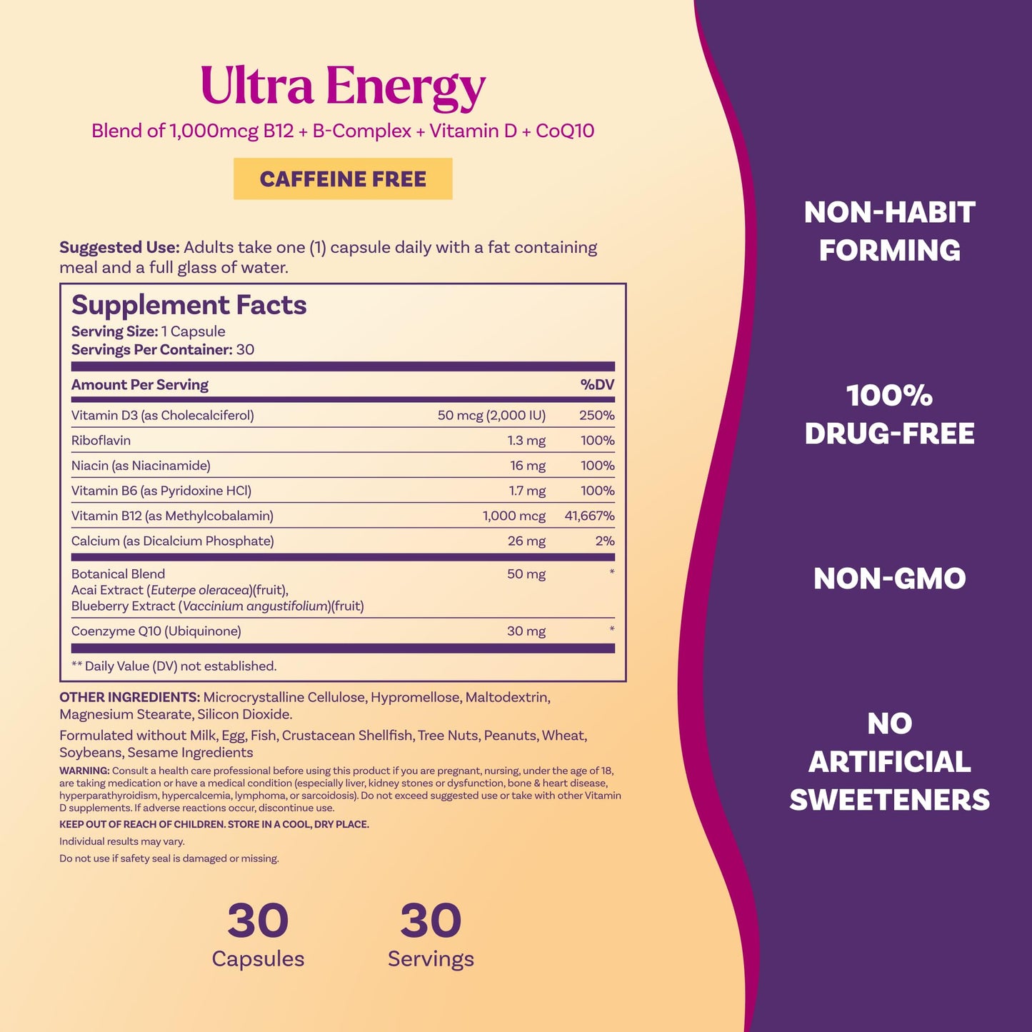 Natrol Ultra Energy 4-in-1 Blend 1000mcg B12, Vitamin B Complex, Vitamin D, CoQ10 Capsules, 30 Ct