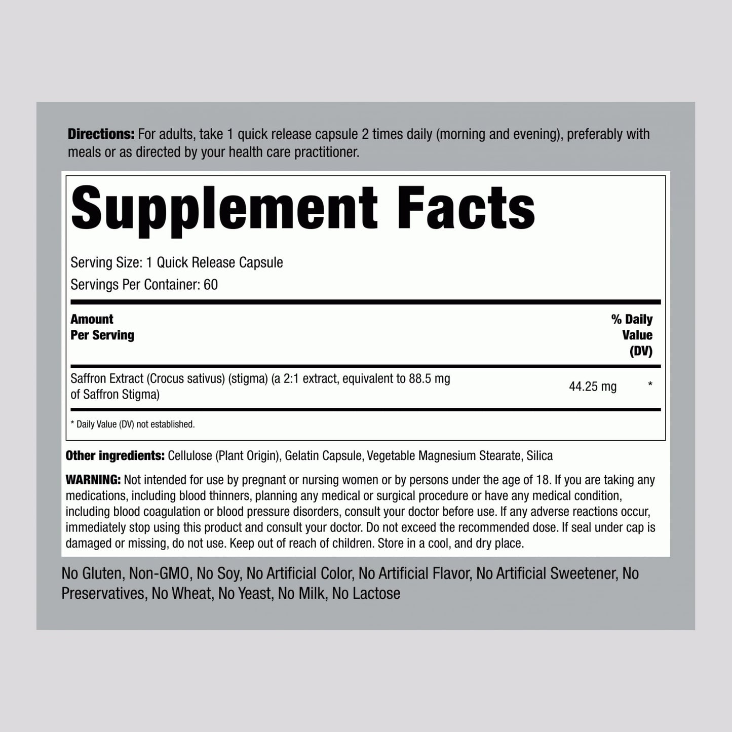 Piping Rock Ultimate Saffron Extract 88.5 mg, 60 Quick Release Capsules