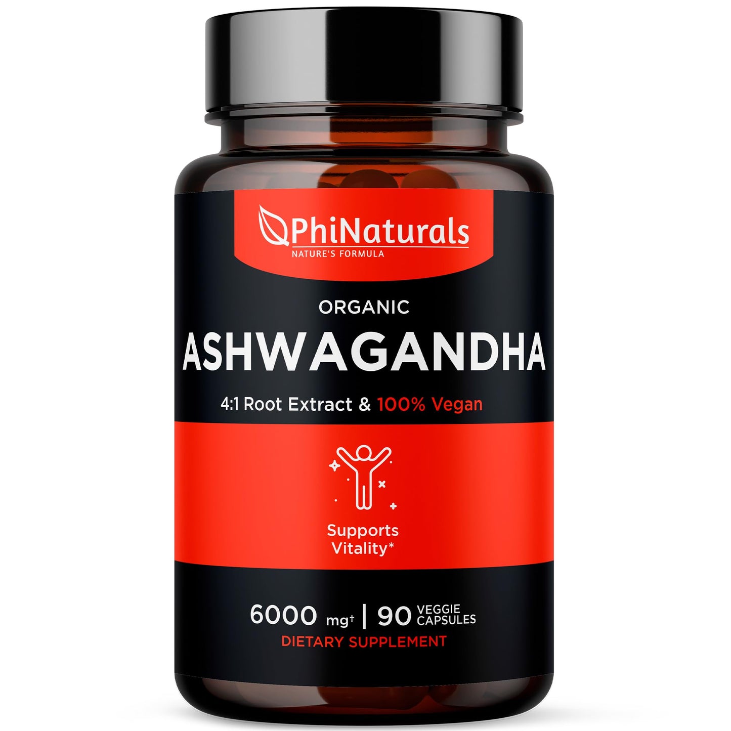 PhiNaturals Organic Ashwagandha Root Extract Vegan Capsules, 500mg per Capsule, 90 Count