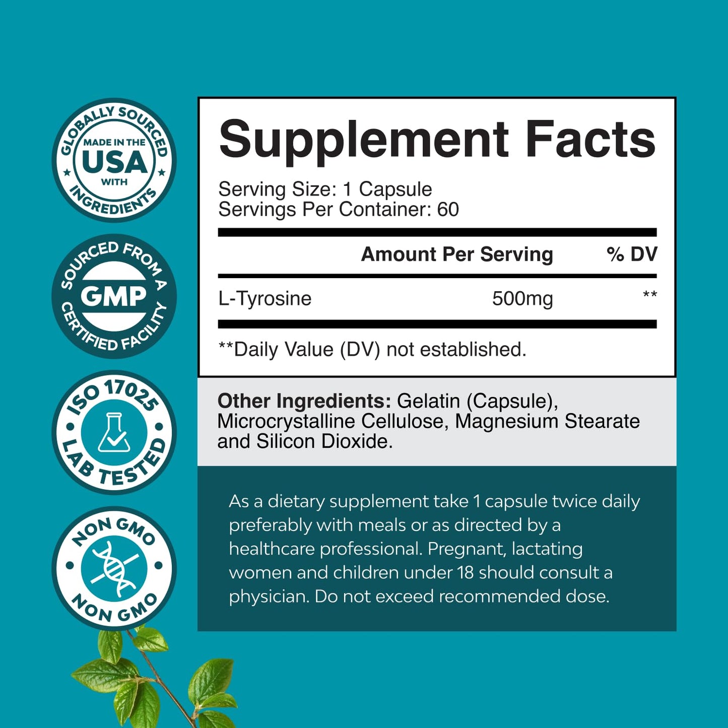 Natures Craft L-Tyrosine 500mg Capsules, 60 Count