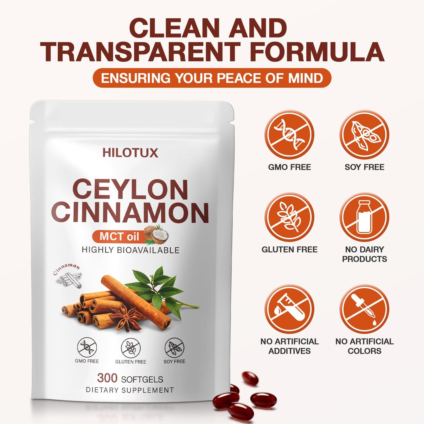 HILOTUX Ceylon Cinnamon Softgels with MCT Oil, 300 Count