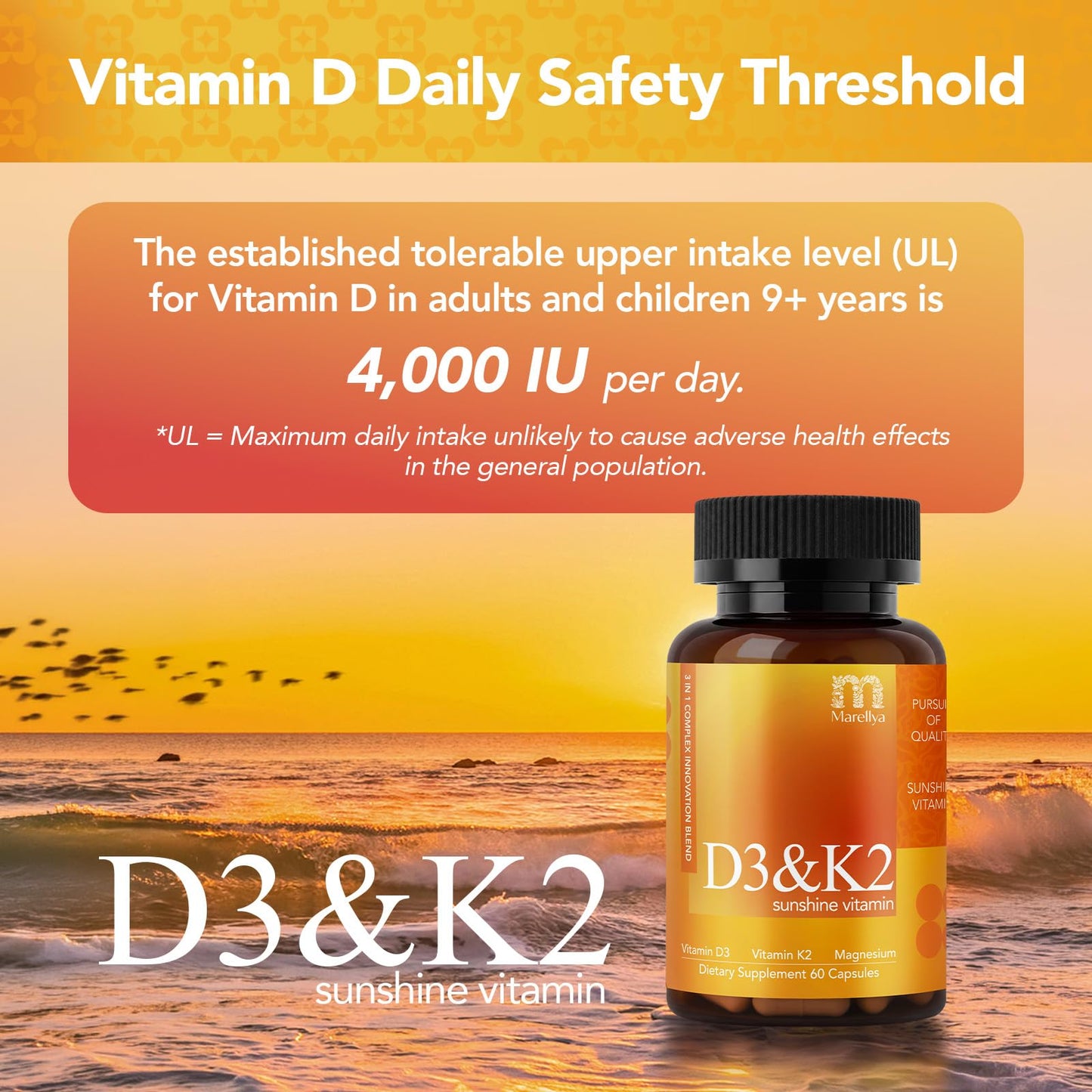 Marellya Vitamin D3 K2 Supplement with Magnesium Glycinate – 3-in-1 High Absorption Formula 4000 IU D3 & 100mcg K2 (MK-7) – Supports Bone, Heart & Immune Health – 60 Capsules