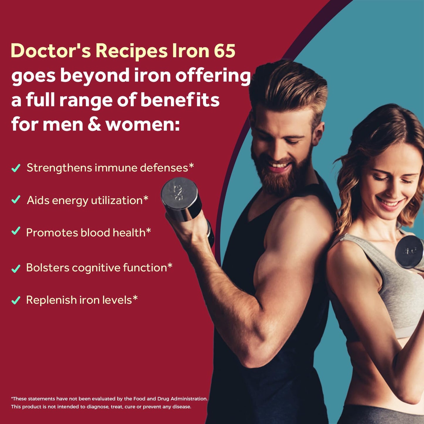Doctor's Recipes Iron Supplement 65 mg with Vitamin C - Maximized Absorption & Stomach Friendly Iron Pills for Red Blood Cells Formation, Heart, Brain & Immunity Health - Vegan Non-GMO Tablets, 30 Count
