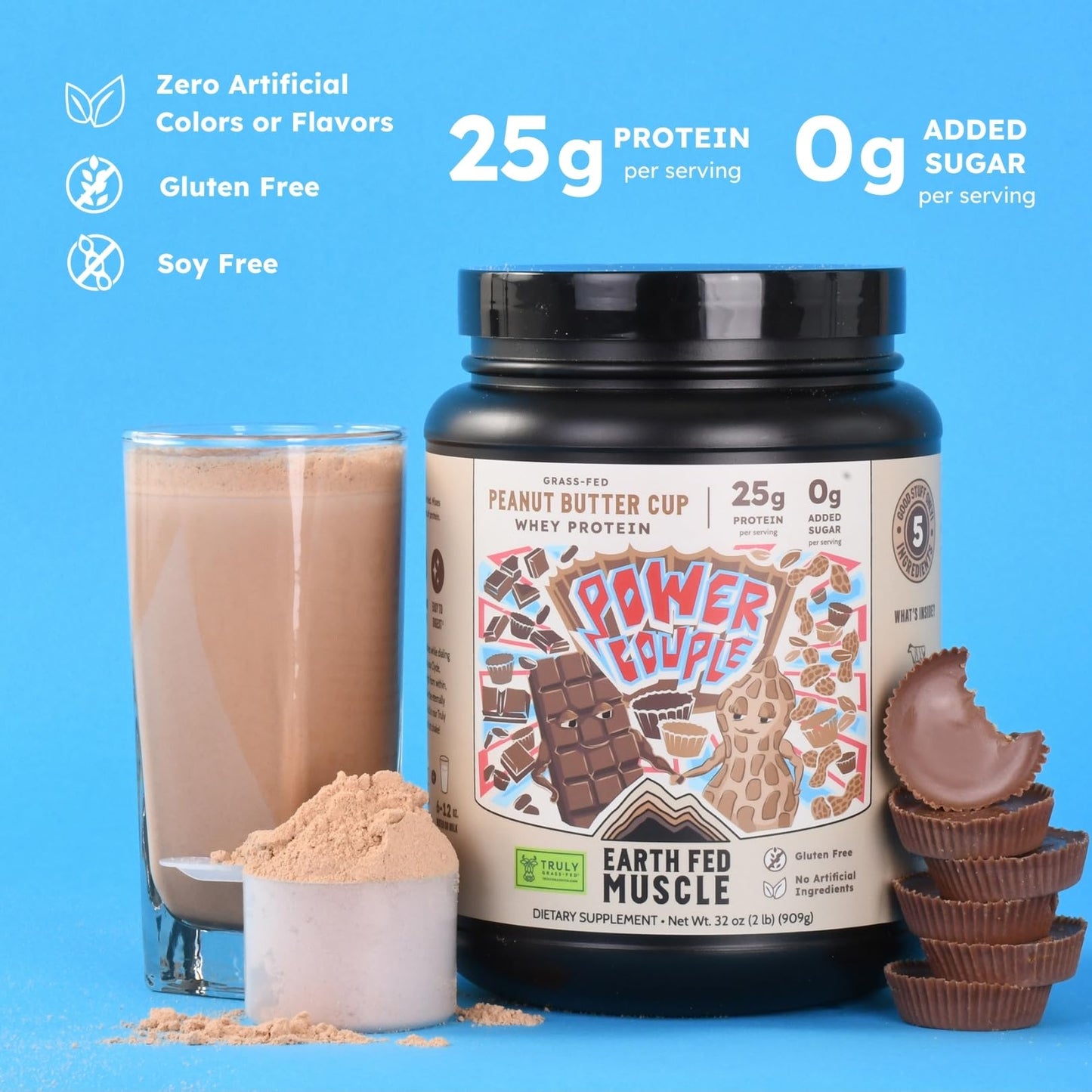 Earth Fed Muscle Power Couple Peanut Butter Cup Whey Protein Isolate Powder, 32 Servings
