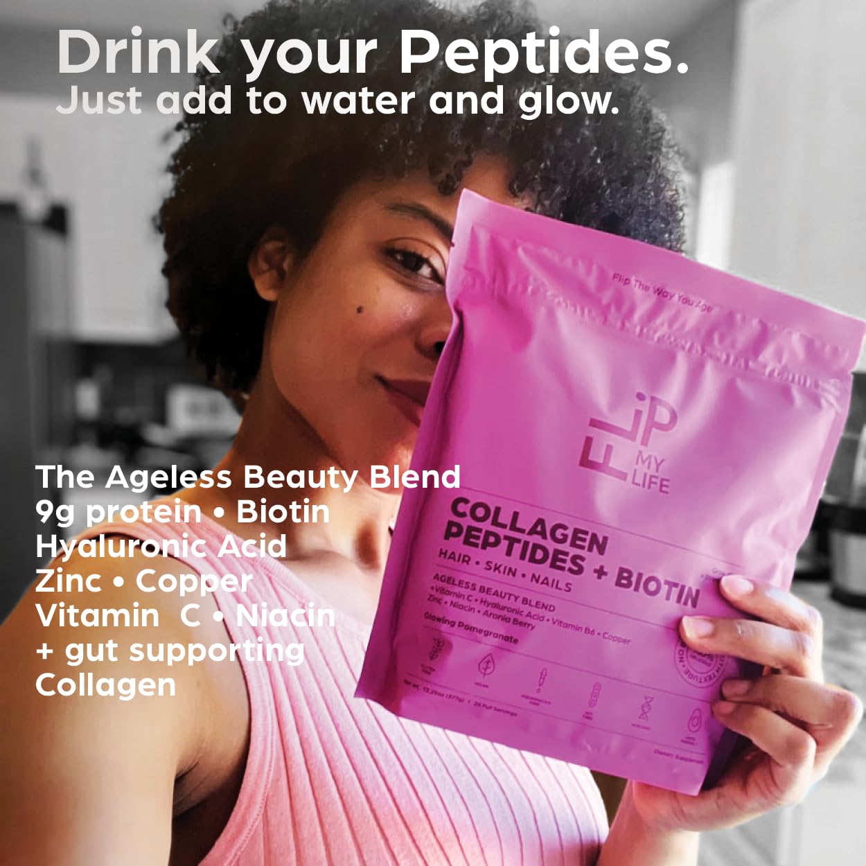 Flip My Life Collagen Peptides + Biotin, Hyaluronic Acid & Vitamin C Powder, 13.29 Ounce