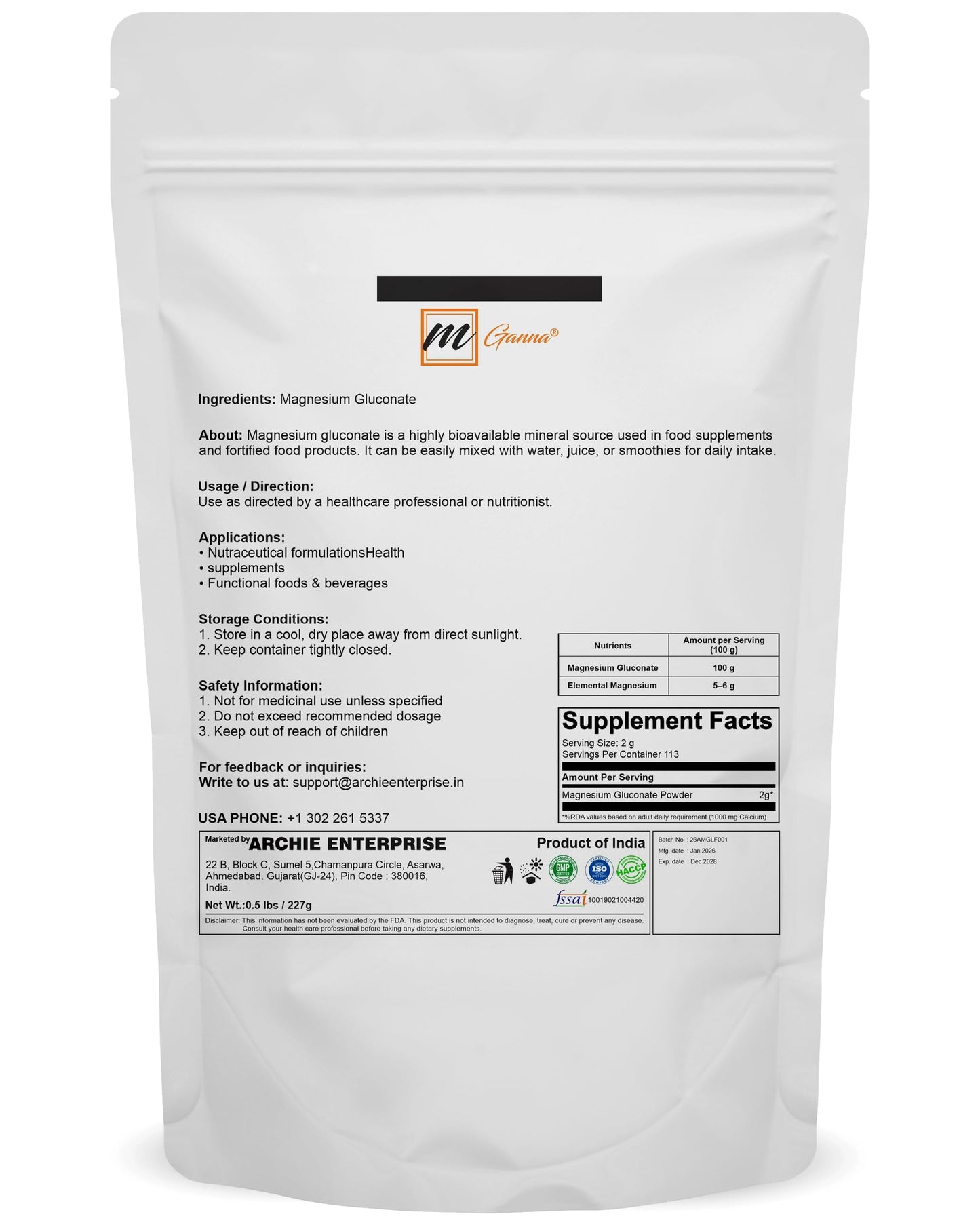 mGanna Magnesium Gluconate Powder, 8 oz