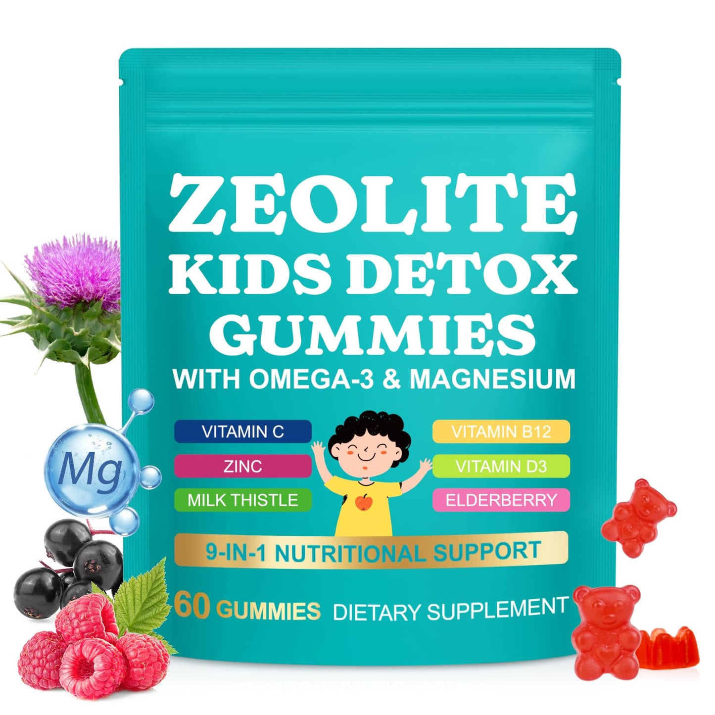 DLOMFVFQ Zeolite Kids Gummies Detox with Zeolite, Omega-3, Vitamin C, Vitamin D3, Zinc, B12 for Energy, Focus, Digestive & Immune Support, Sugar Free, 60 Gummies