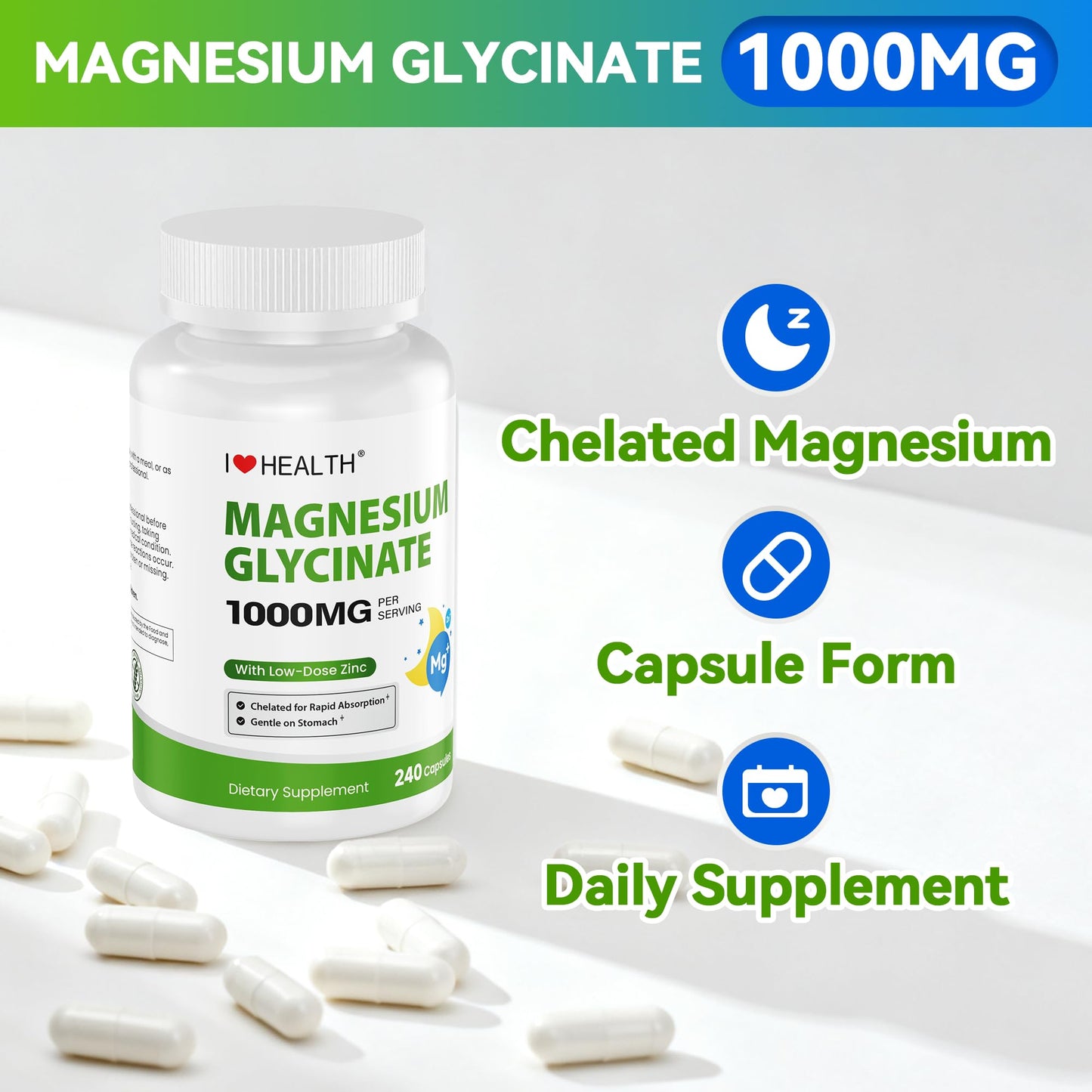 I LOVE HEALTH Magnesium Glycinate – Elemental Magnesium 200mg with Zinc 2mg, 240 Capsules