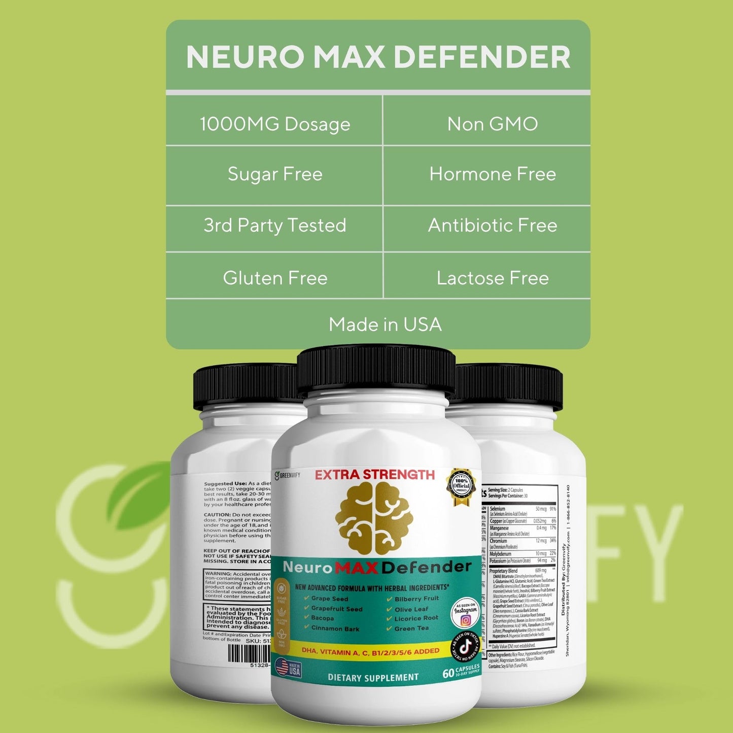 GREENVIFY NeuroMAX Defender Extra Strength Brain Support Supplement with Herbal Blend Capsule 60