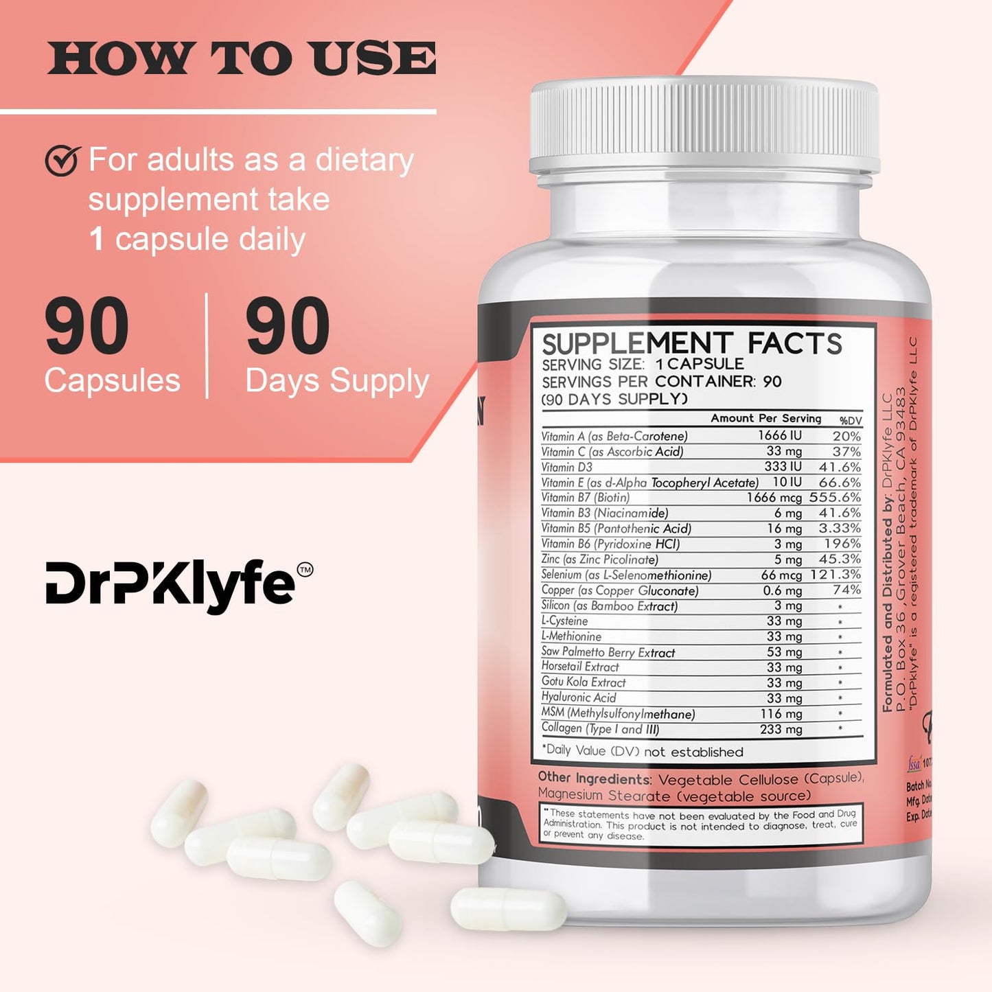 DrPKLyfe Hair, Nail and Skin Supplement Capsules, 90 Capsules