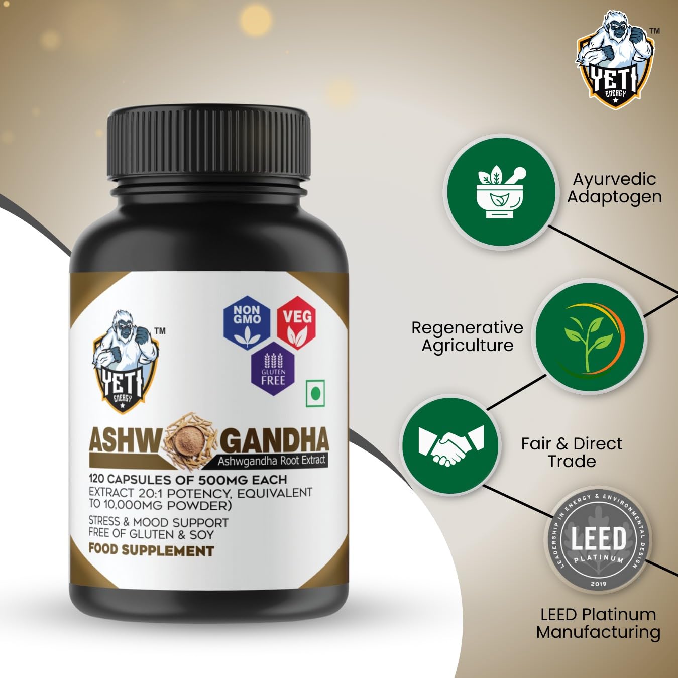 YetiEnergy Ashwagandha Capsules 500 mg - Pure Organic Ashwagandha Root Extract, Stress Relief & Mood Support, 1 Capsule