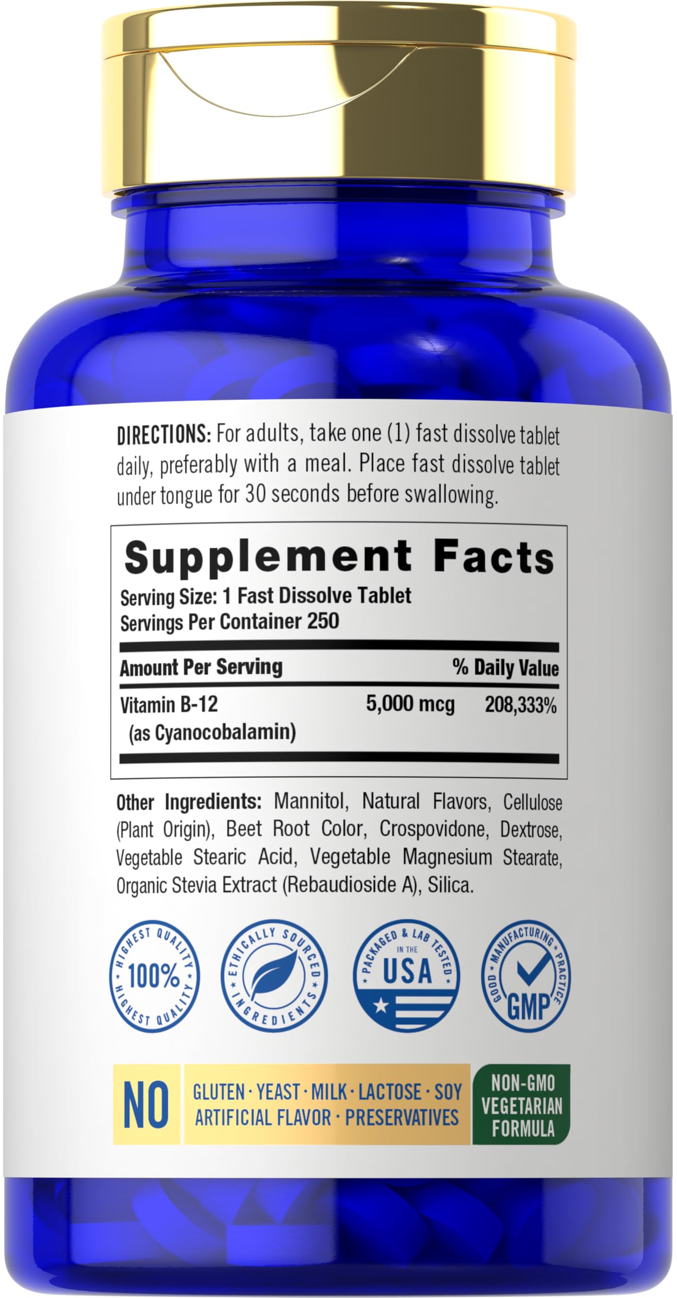 Carlyle B12 Vitamin 5000 mcg Tablet Fast Dissolve, 250 Tablets