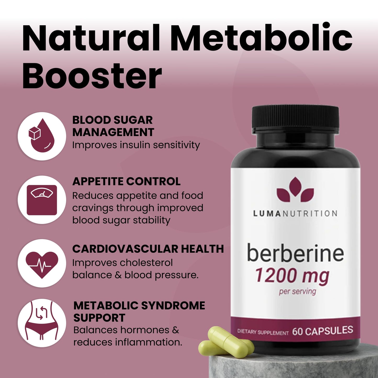 Luma Nutrition Berberine HCL 1200mg Per Serving, 97% Berberine HCl, 60 Capsules