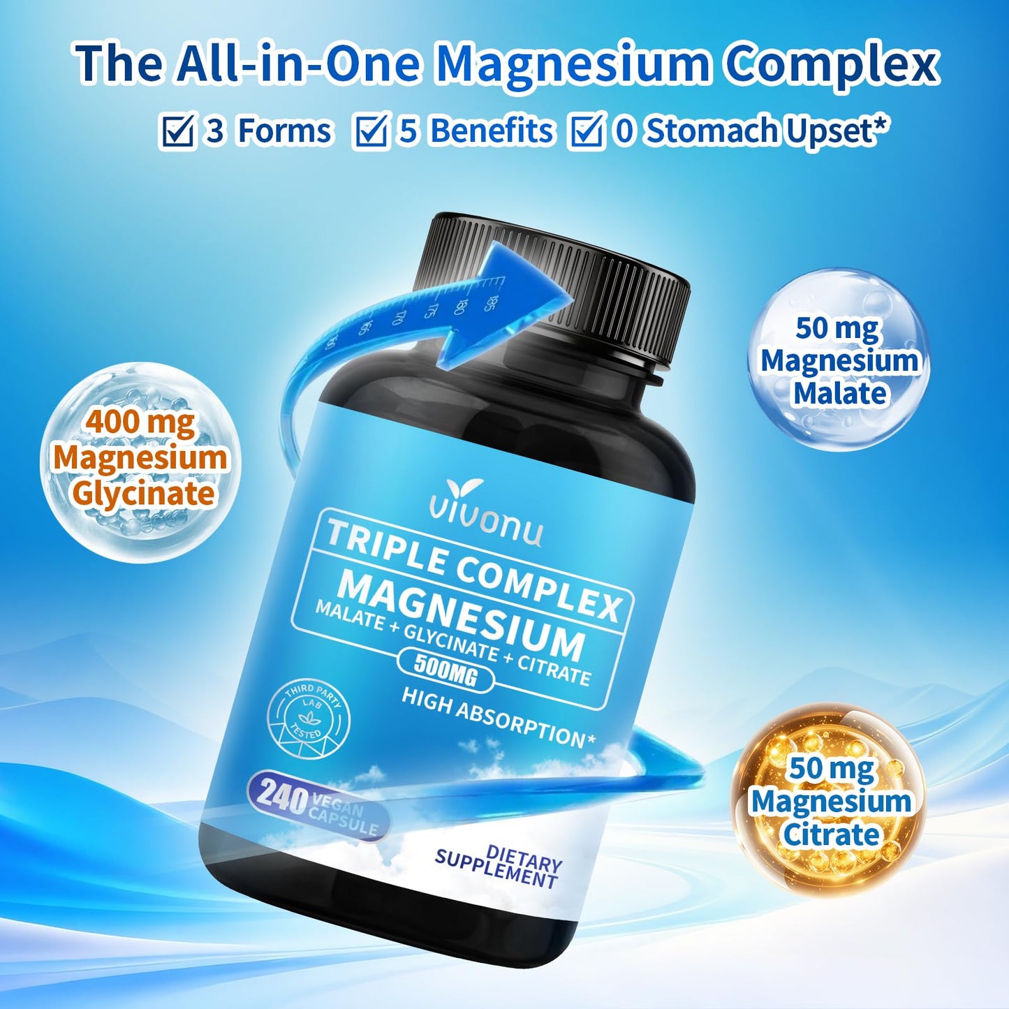 VivoNu Magnesium Complex for Women and Men, Chelated Magnesium Supplement, 240 Capsules