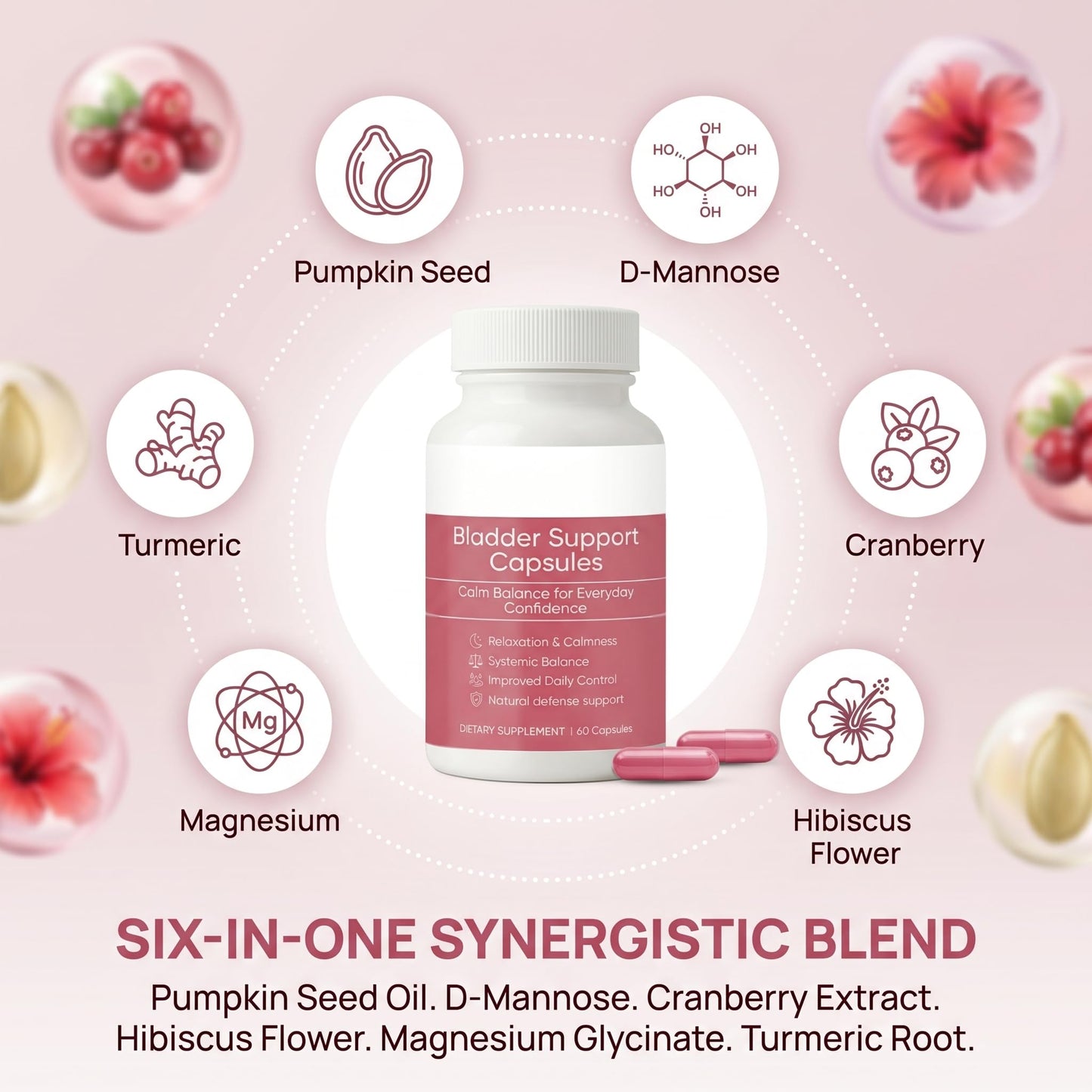 SUUDUUL Bladder Control, Urinary Support Supplement – Pumpkin Seed, D-Mannose, Cranberry & Hibiscus – Non-GMO, Vegan, Daily Formula – 60 Capsules