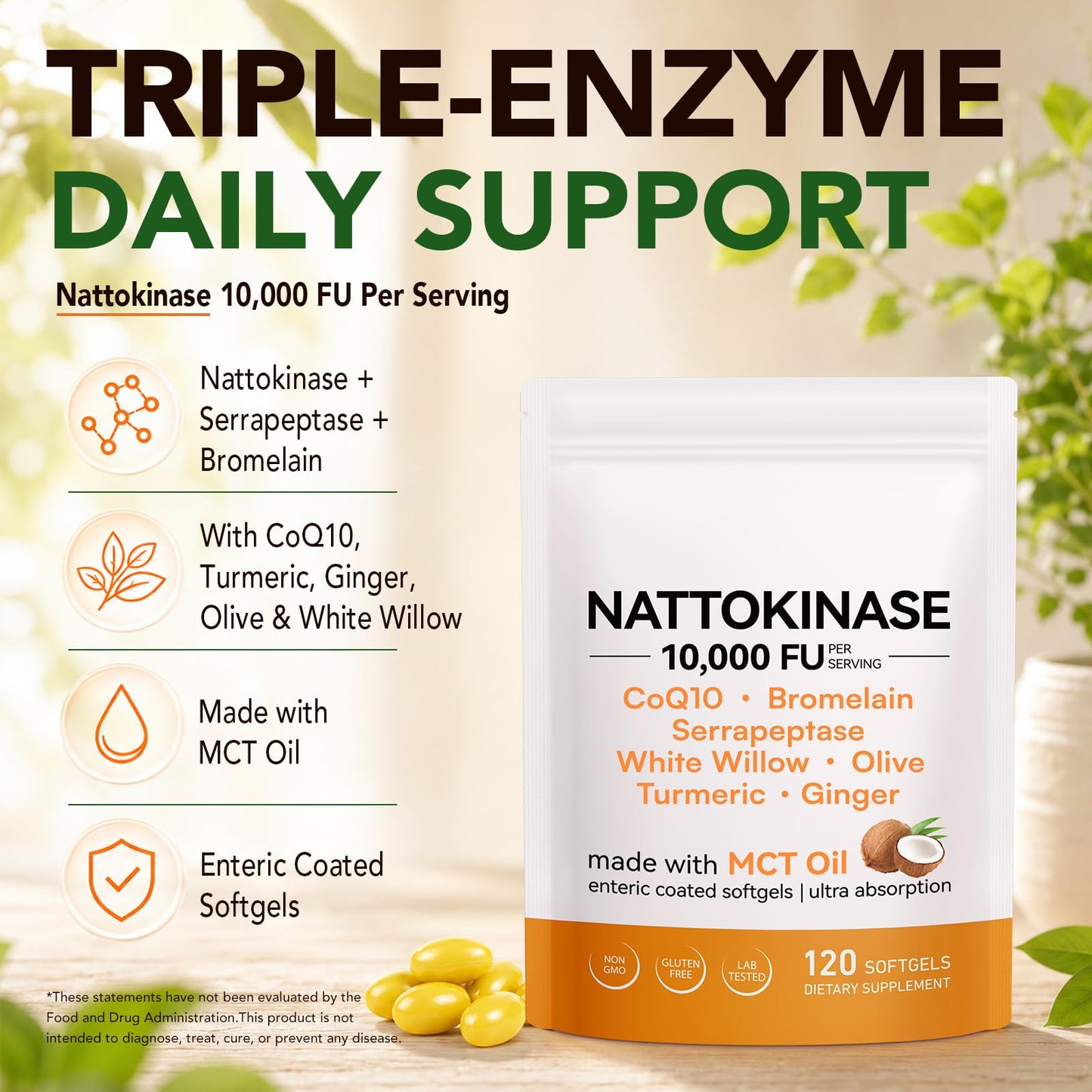 bnHUlMXw Nattokinase Supplement 10000 FU, CoQ10, Serrapeptase, MCT Oil Softgels, 120 Count